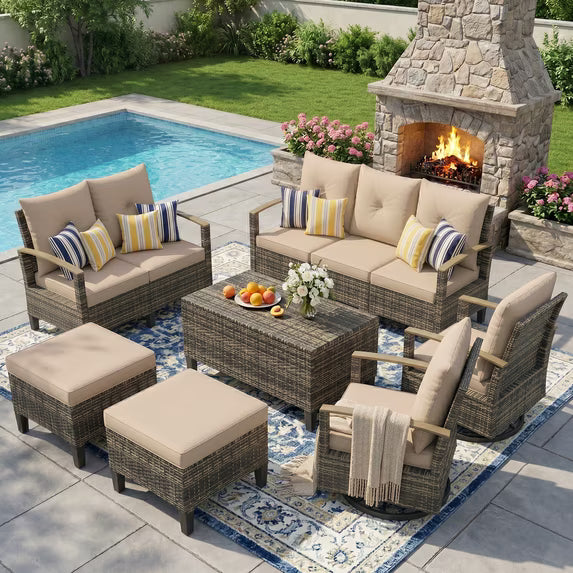 UDPATIO Patio Furniture Set, 7 Pieces Outdoor Furniture Sets with Rocking Swivel Chairs, Wicker Rattan Sofa Set with Storage Table for Backyard, Khaki
