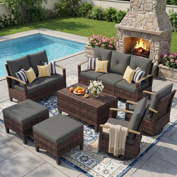 UDPATIO Patio Furniture Set, 7 Pieces Outdoor Furniture Sets with Rocking Swivel Chairs, Wicker Rattan Sofa Set with Storage Table for Backyard, Grey