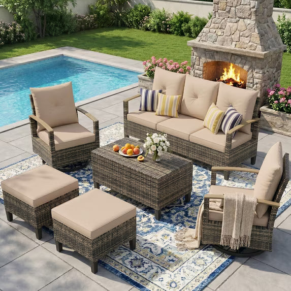 UDPATIO Patio Furniture Set, Outdoor Conversation Set with 2 Wood Armrest Swivel Chairs, Wicker Rattan Sofa Set with Storage Table for Backyard, Khaki