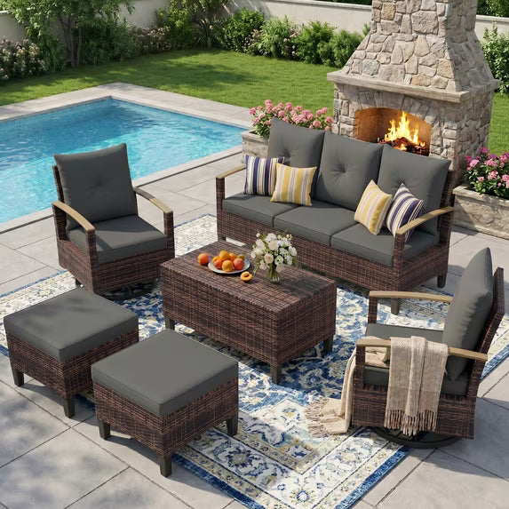 UDPATIO Patio Furniture Set, Outdoor Conversation Set with 2 Wood Armrest Swivel Chairs, Wicker Rattan Sofa Set with Storage Table for Backyard, Grey