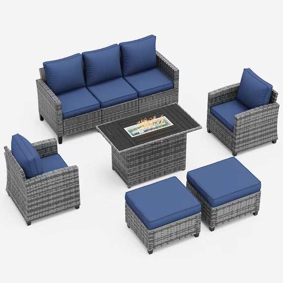 UDPATIO Patio Furniture Set with 44" Fire Pit Table, 5 Pieces Wicker Outdoor Couch with Chairs, Ottomans and Thick Cushions for Backyard, Blue