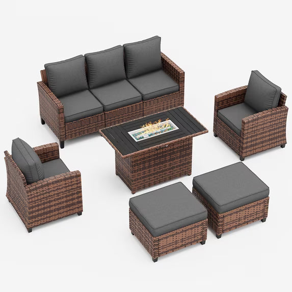 UDPATIO Patio Furniture Set with 44" Fire Pit Table, 5 Pieces Wicker Outdoor Couch with Chairs, Ottomans and Thick Cushions for Backyard, Grey