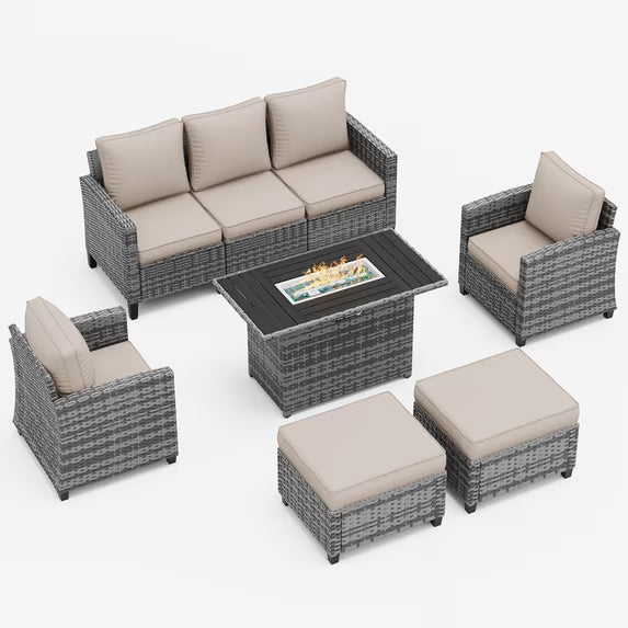 UDPATIO Patio Furniture Set with 44" Fire Pit Table, 5 Pieces Wicker Outdoor Couch with Chairs, Ottomans and Thick Cushions for Backyard, Khaki
