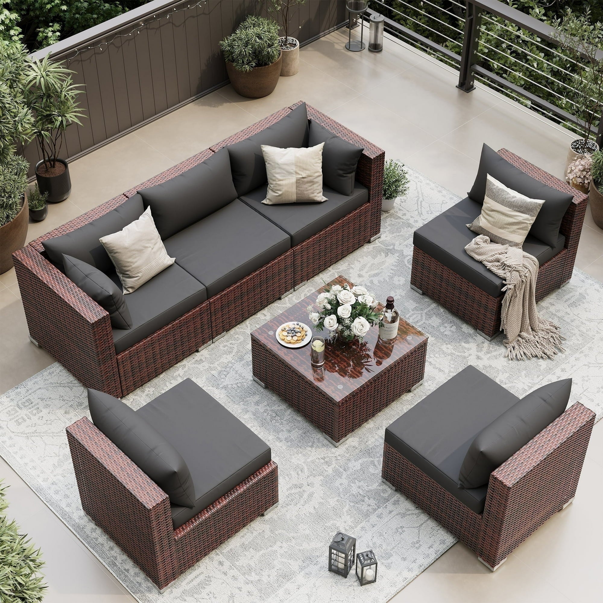 UDPATIO 7-Piece Rattan Outdoor Conversation Set with Glass Coffee Table, Grey
