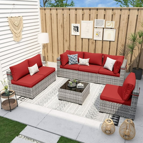 UDPATIO Patio Furniture Sets, Modular Rattan Outdoor Patio Sectional Furniture Sofa Set, Wicker Patio Conversation Set for Backyard, Deck w/Coffee Table, 7PC Grey/Red (Include Sofa Cover)