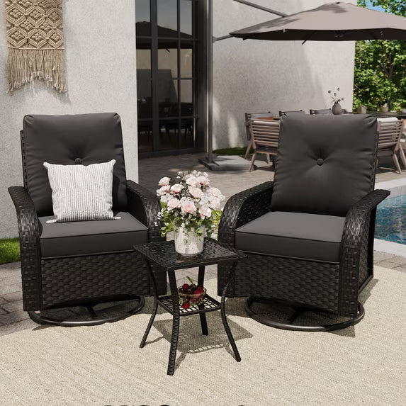 UDPATIO 3-Piece Outdoor Patio Furniture Set, Black Wicker Rocker Swivel Dining Chairs of 2, Gray