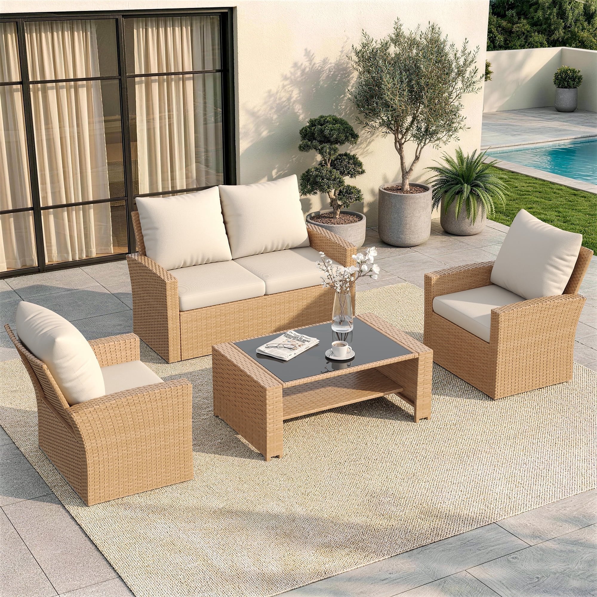 UDPATIO Wicker Patio Furniture Set, 4 Piece Outdoor Sectional Conversation Sets, Yellow PE Rattan Patio Sofa Set for Balcony, Backyard, Beige