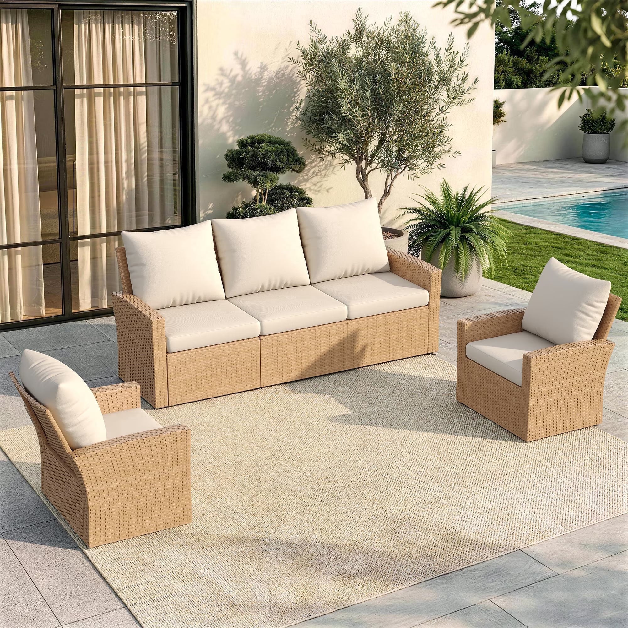 UDPATIO Wicker Patio Furniture Set, 5 Piece Outdoor Sectional Conversation Sets, Yellow PE Rattan Patio Sofa Set for Balcony, Backyard, Beige