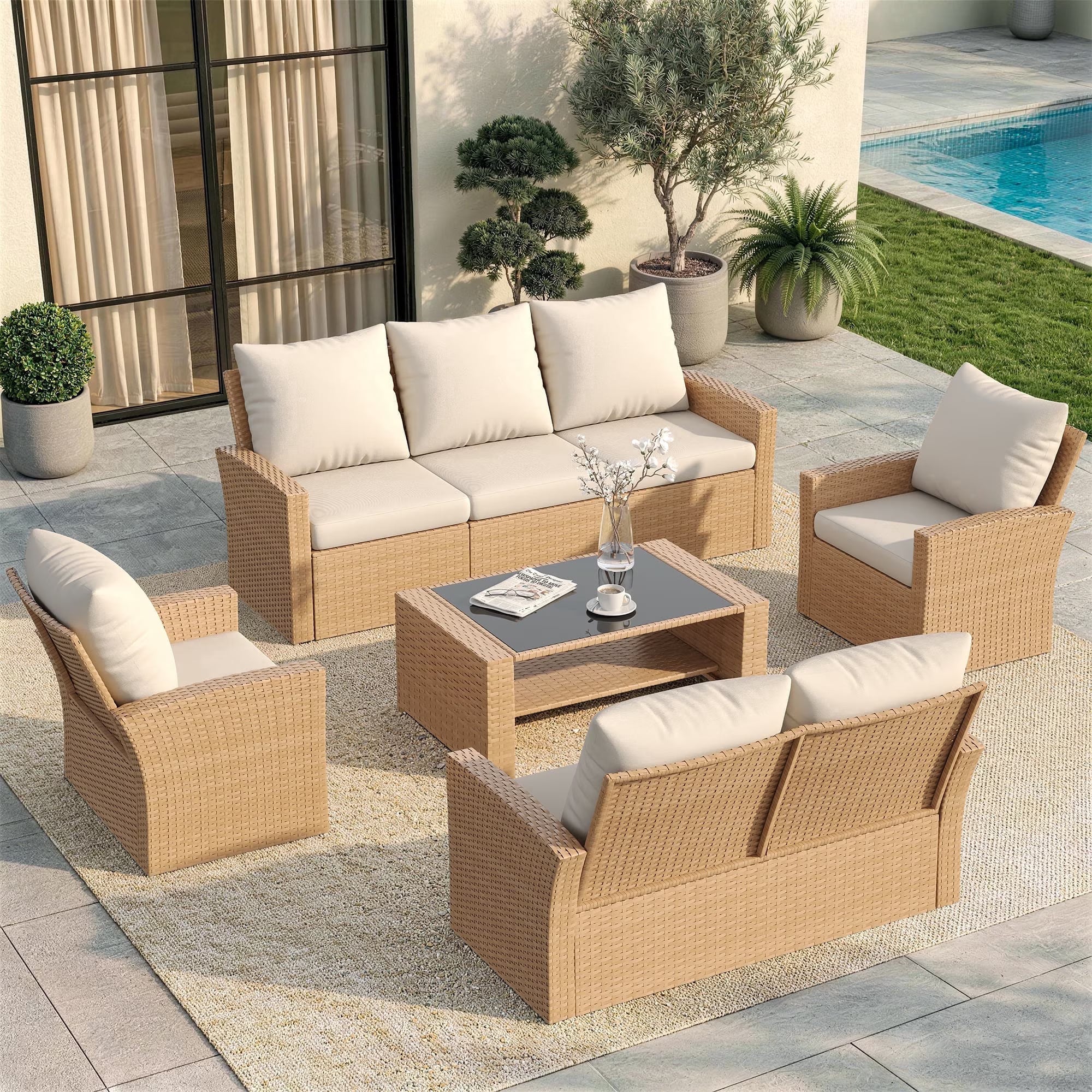 UDPATIO Wicker Patio Furniture Set, 7 Piece Outdoor Sectional Conversation Sets, Yellow PE Rattan Patio Sofa Set for Balcony, Backyard, Beige