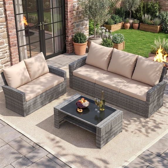 UDPATIO Wicker Patio Furniture Set, Gray PE Rattan Patio Sofa Set with Coffee Table, Multi-person Outdoor Sectional Sets for Balcony, Backyard, Beige