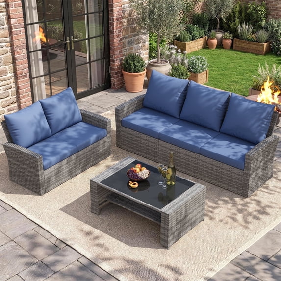 UDPATIO Wicker Patio Furniture Set, Gray PE Rattan Patio Sofa Set with Coffee Table, Multi-person Outdoor Sectional Sets for Balcony, Backyard, Navy Blue