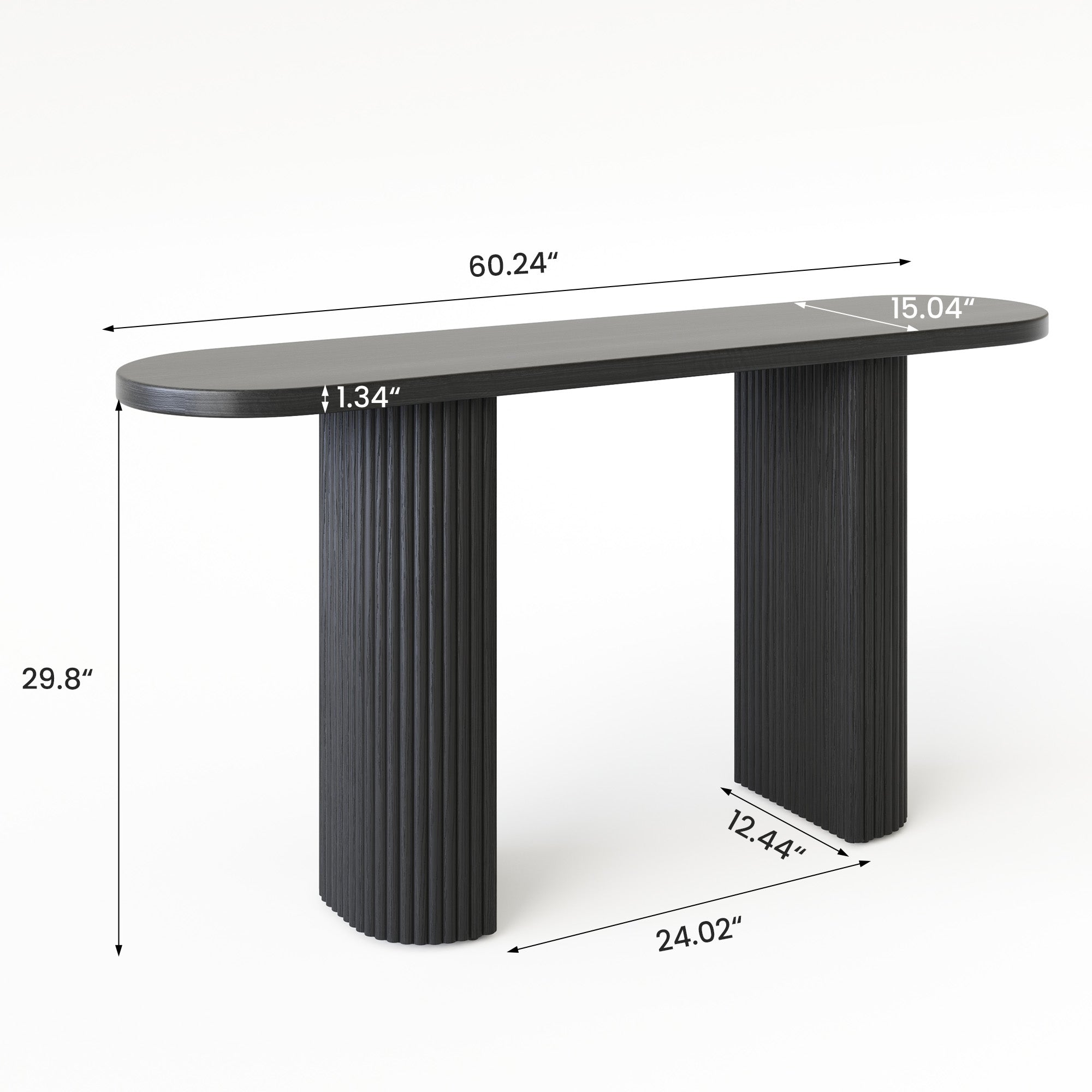 GRANKASA 60.2 Inch Oval Solid Wood Console Table, Oak TV Stand with Natural Walnut Finish & Vertical Striped Legs - Mid-Century Modern Sofa Table for Living Room (Black)