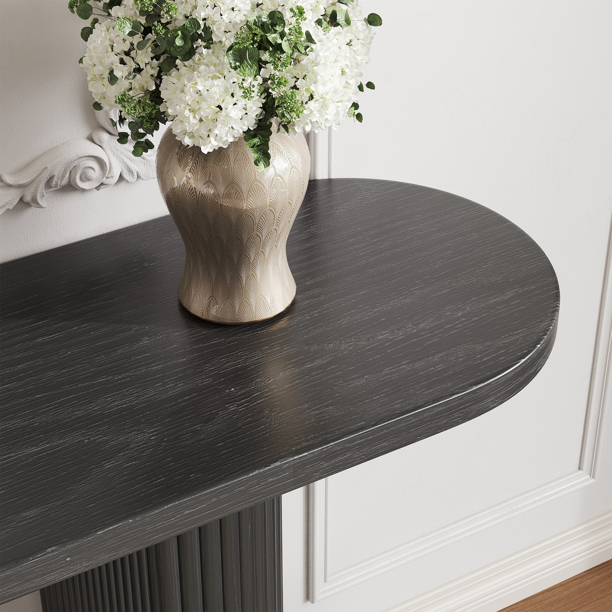 GRANKASA 60.2 Inch Oval Solid Wood Console Table, Oak TV Stand with Natural Walnut Finish & Vertical Striped Legs - Mid-Century Modern Sofa Table for Living Room (Black)