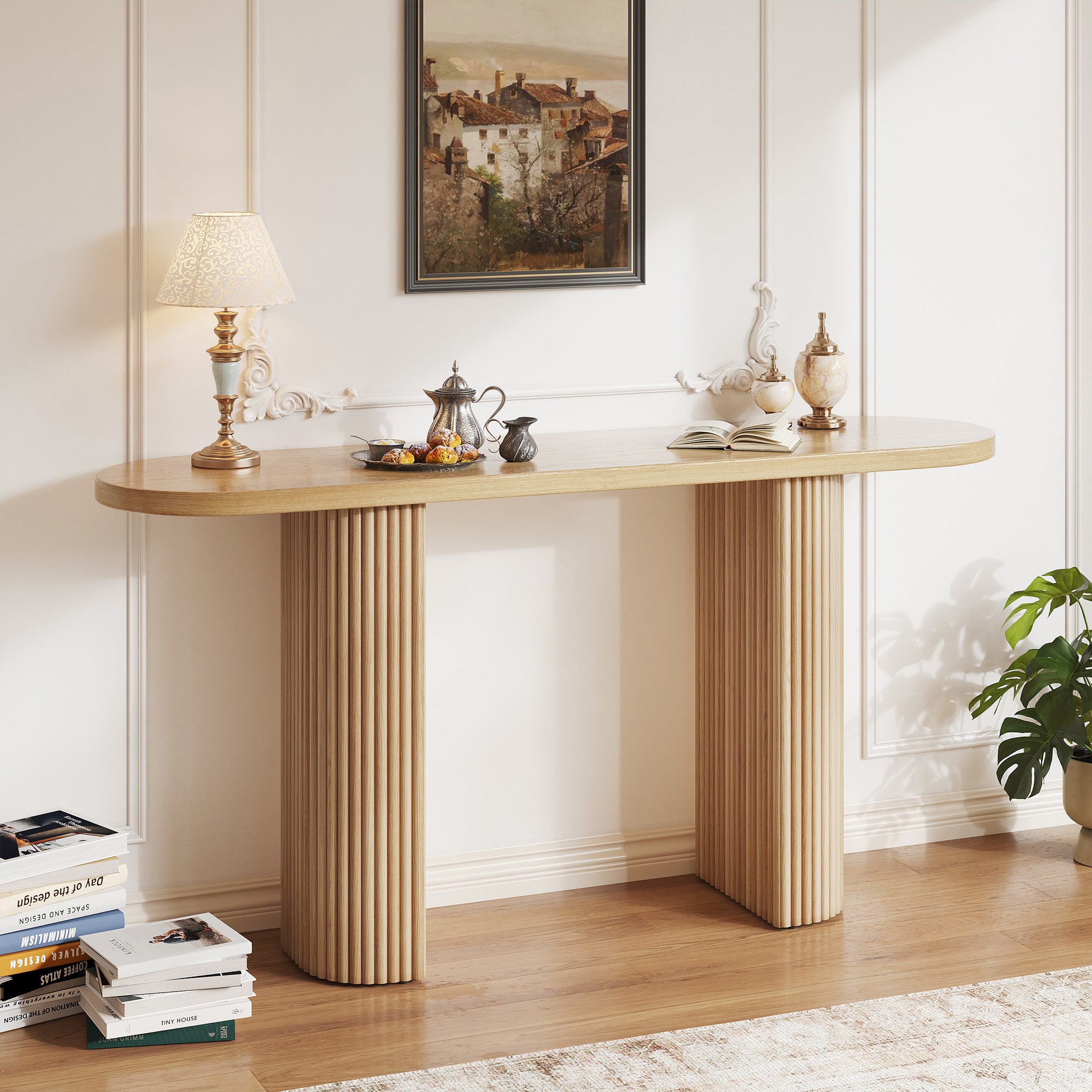 GRANKASA 60.2 Inch Oval Solid Wood Console Table, Oak TV Stand with Natural Walnut Finish & Vertical Striped Legs - Mid-Century Modern Sofa Table for Living Room Natural Wood
