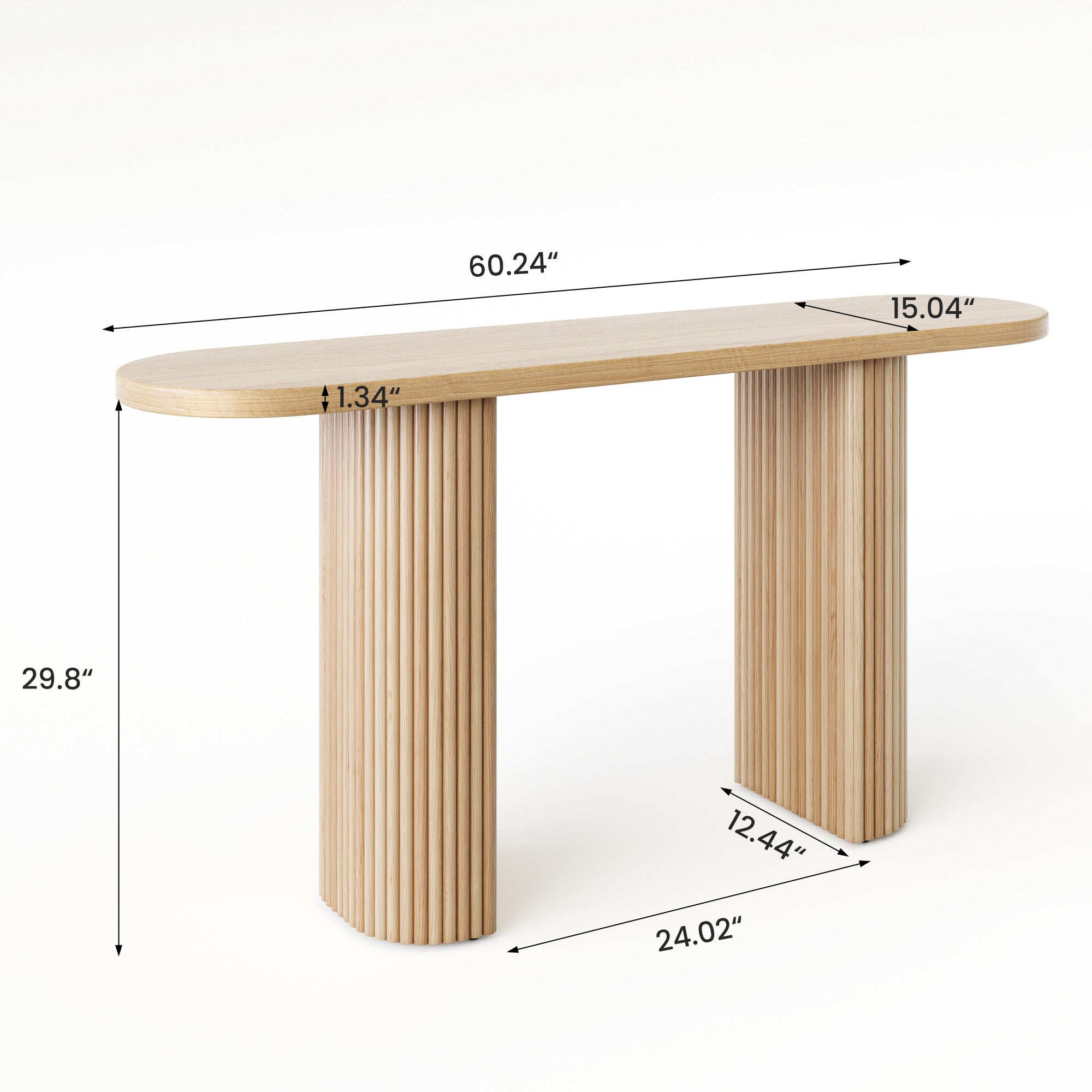 GRANKASA 60.2 Inch Oval Solid Wood Console Table, Oak TV Stand with Natural Walnut Finish & Vertical Striped Legs - Mid-Century Modern Sofa Table for Living Room Natural Wood