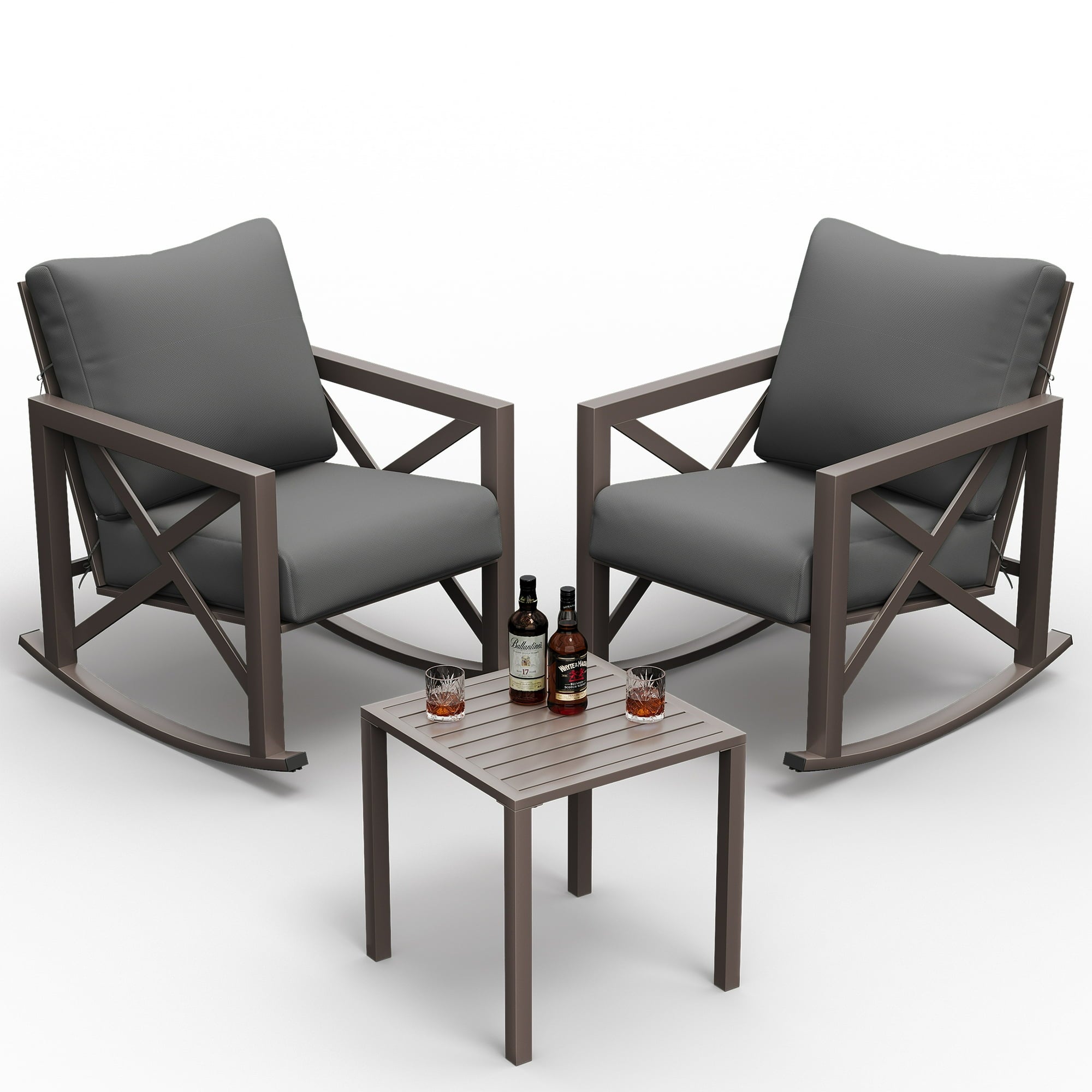 UDPATIO Rocking Chair Bistro Set, 3 Piece Outdoor Patio Furniture Set with 2 Rockers and 1 Metal Coffee Table with Thick Cushions for Porch, Backyard, Poolside, Grey