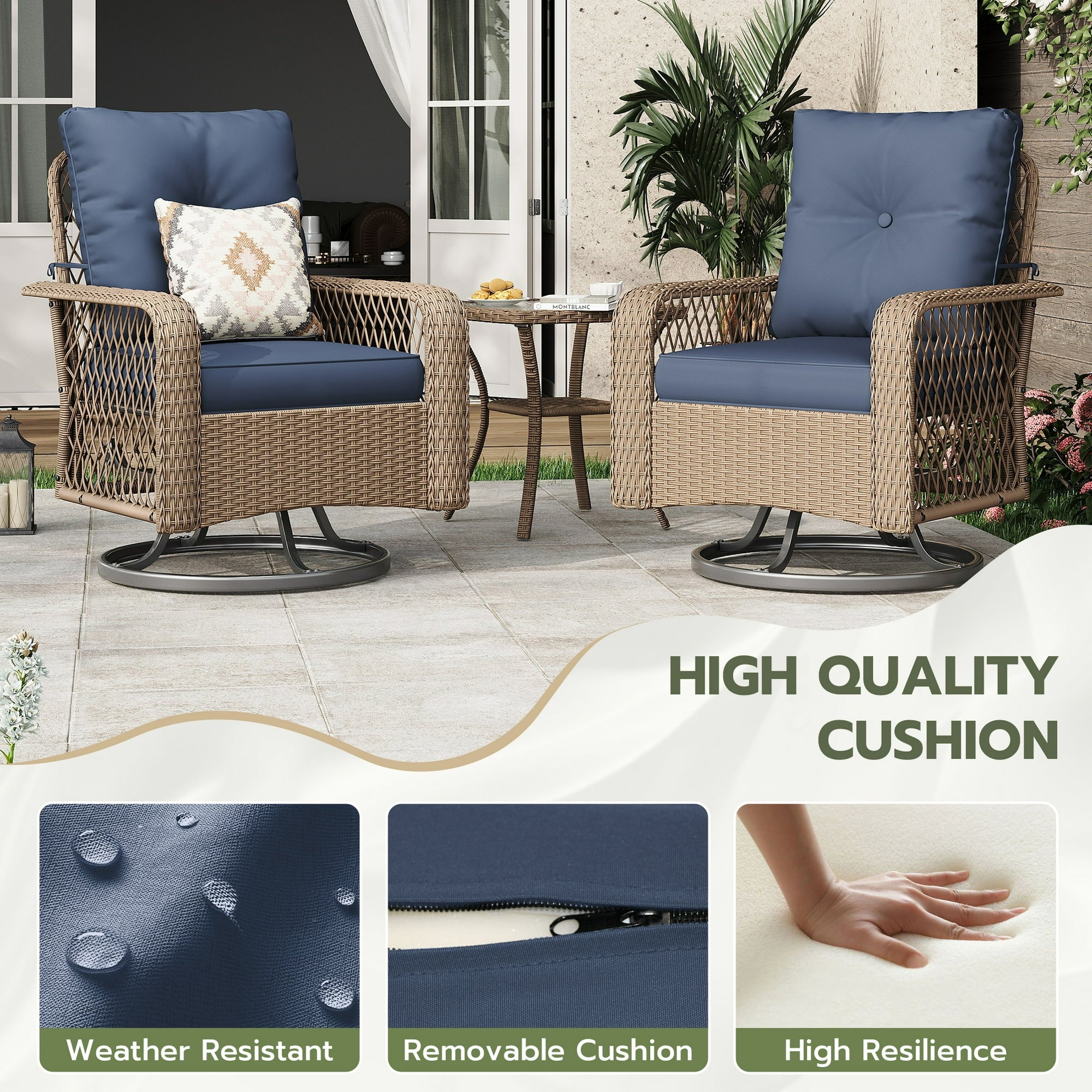 UDPATIO 3 Pieces Patio Furniture Set, Outdoor Swivel Gliders Rocker, Wicker Patio Bistro Set with Rattan Rocking Chair, Glass Top Side Table and Thickened Cushions for Porch Deck Backyard (Blue)