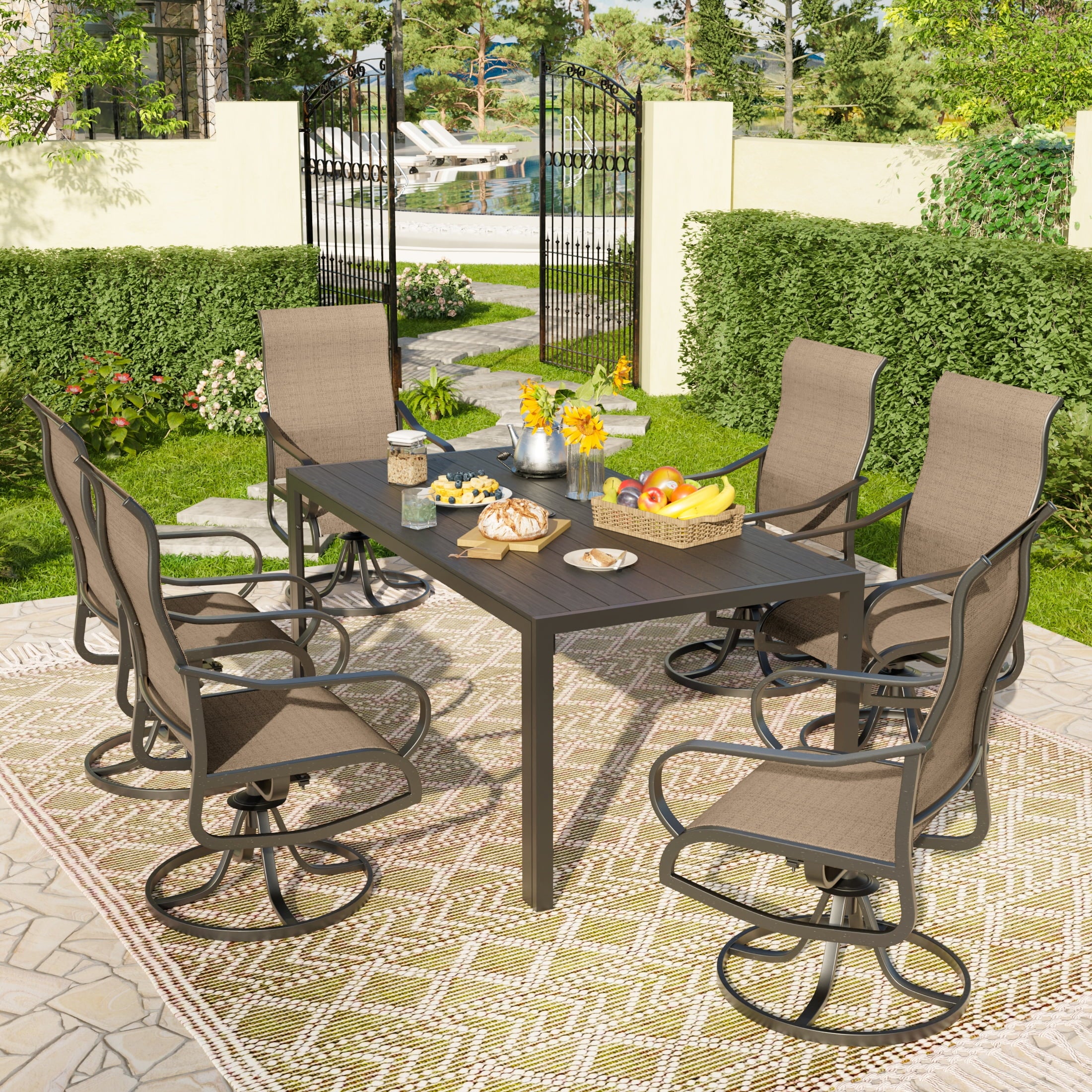UDPATIO 7-Piece Outdoor Dining Set with High-Back Swivel Chairs & Iron Rectangle Table for 6-Person, Black & Khaki