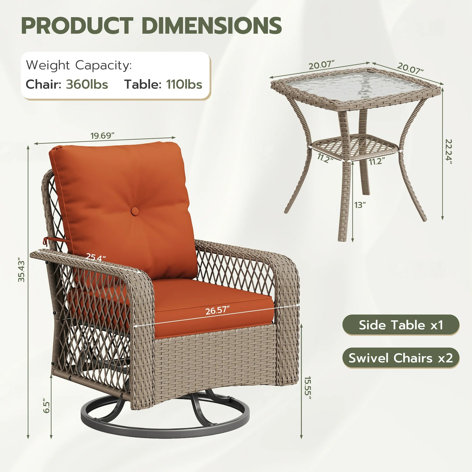 UDPATIO 3 Pieces Patio Furniture Set, Outdoor Swivel Gliders Rocker, Wicker Patio Bistro Set with Rattan Rocking Chair, Glass Top Side Table and Thickened Cushions for Porch Deck Backyard (Tangerine)