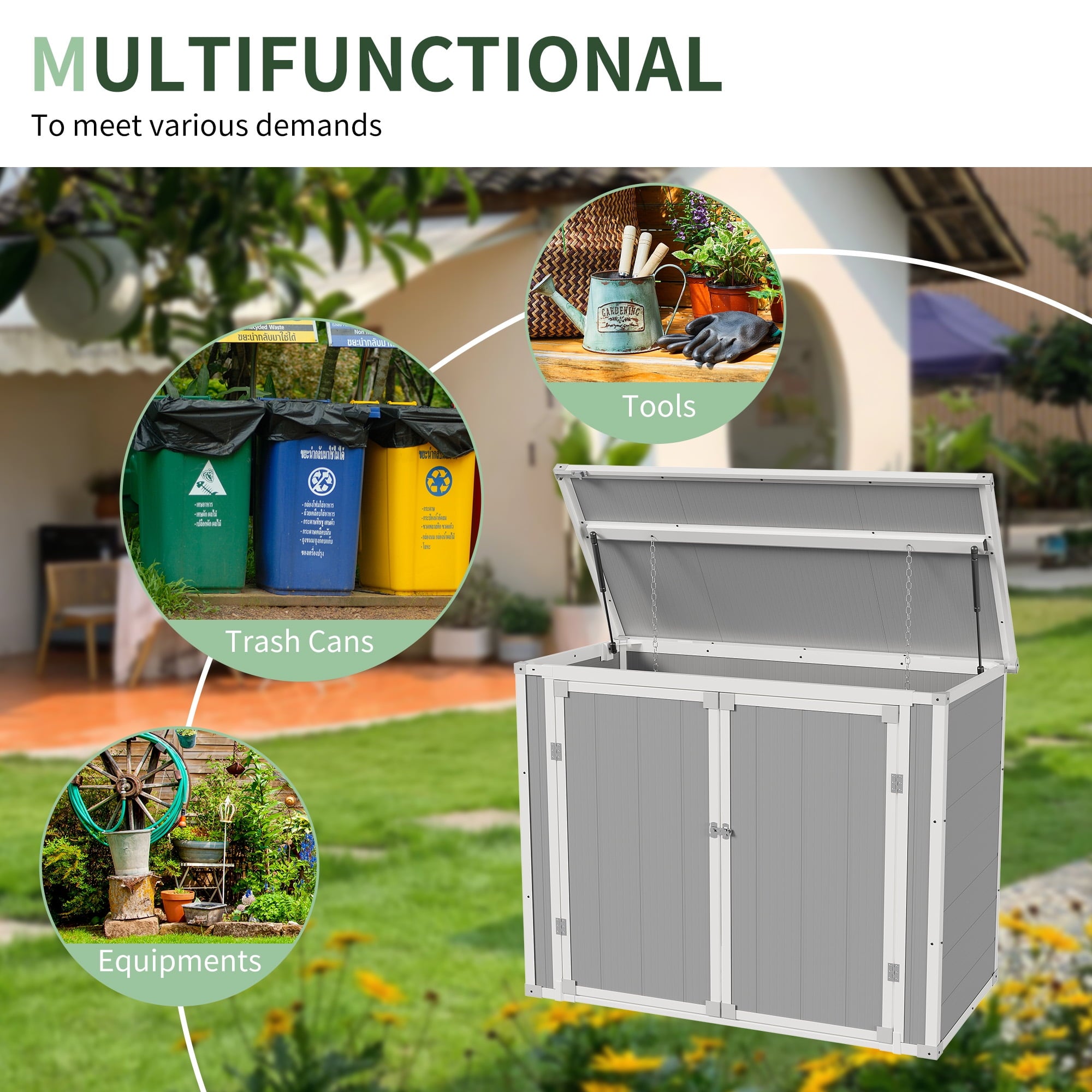 UDPATIO Outdoor Horizontal Storage Shed, 41 cu.ft Weatherproof Resin Storage Shed with Floor, for Trash Can Storage, Tools, Lawn Mower, for Patio, Grey