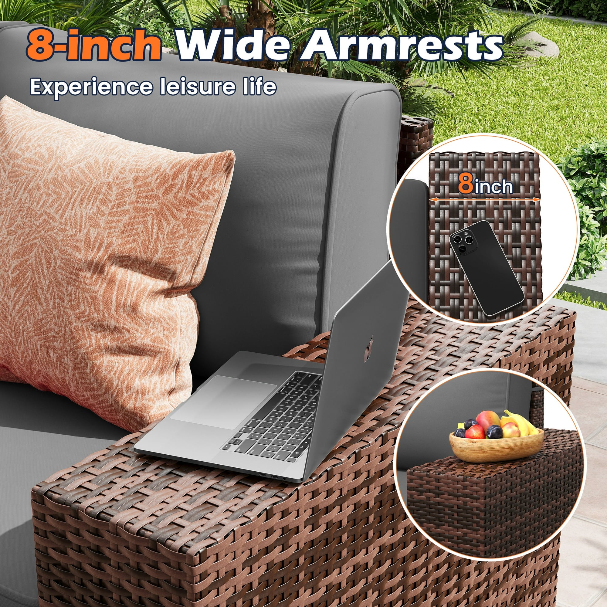UDPATIO 6-Piece Patio Furniture Set, Outdoor Patio Sofa Set With Wide Armrest, All-Weather Wicker Rattan Guest Set With Cushion And Glass Table And Waterproof Cover, Brown & Dark Grey