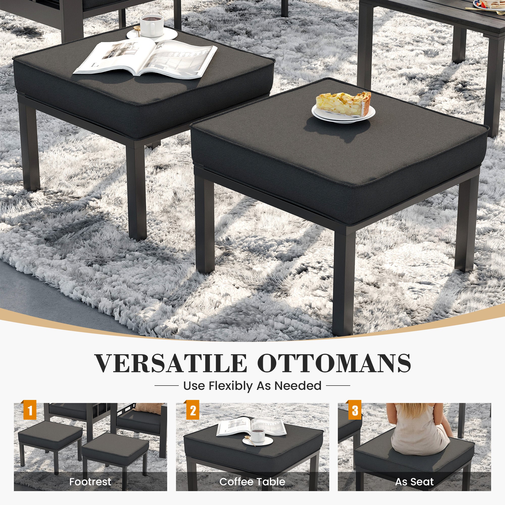 UDPATIO Aluminum Outdoor Furniture Set with Fire Pit Table, 6 Pieces All-Weather & UV-Resistant Patio Sectional Sofa Set for Deck, Backyard, Poolside, Dark Gray