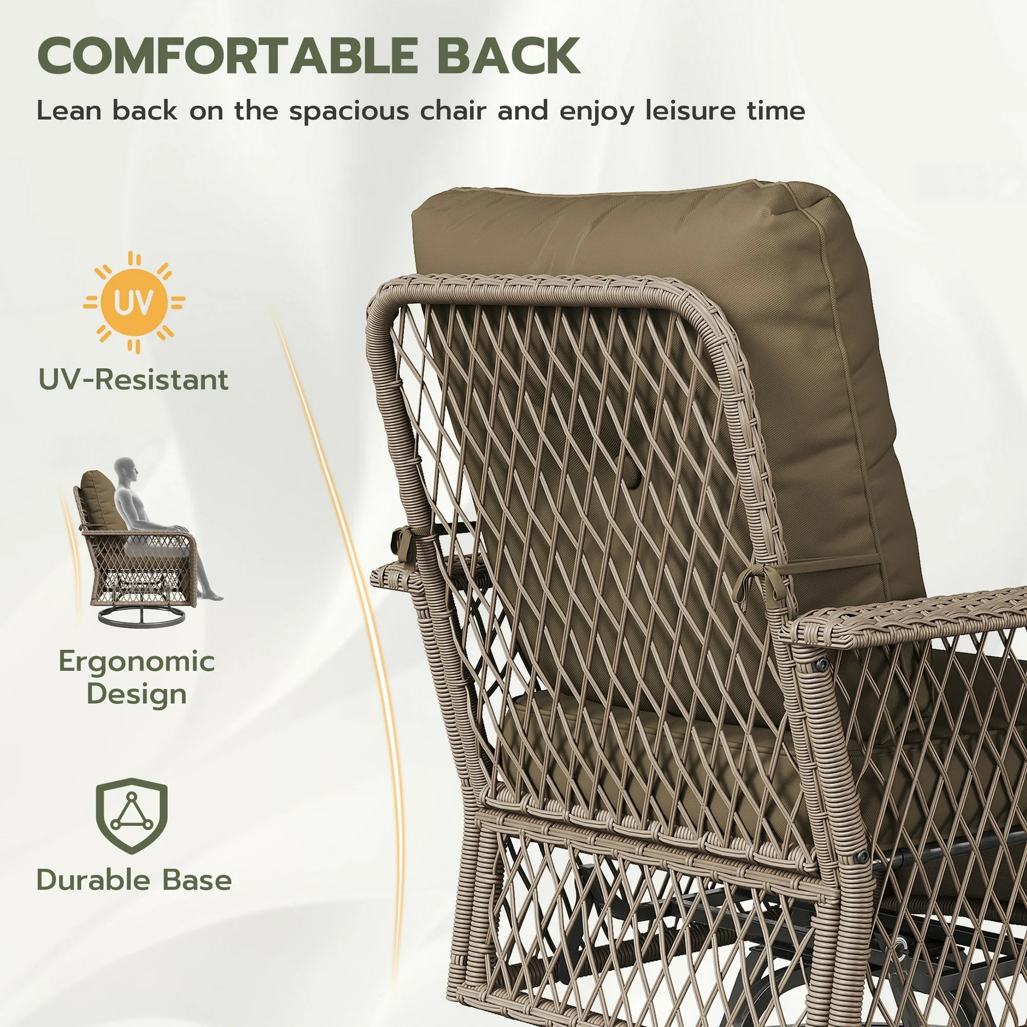 UDPATIO 3 Pieces Patio Furniture Set, Outdoor Swivel Gliders Rocker, Wicker Patio Bistro Set with Rattan Rocking Chair, Glass Top Side Table and Thickened Cushions (Brown coffee)