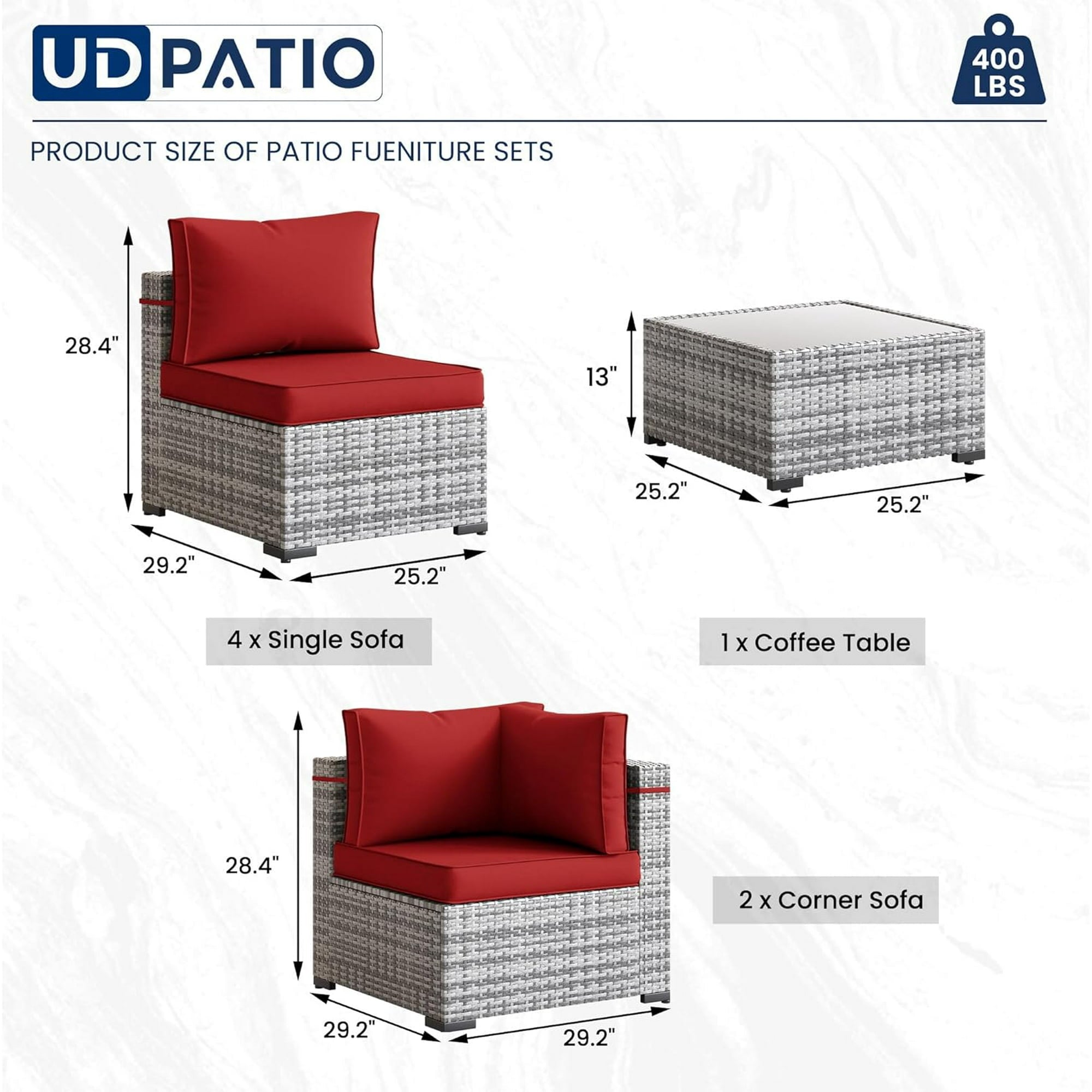 UDPATIO Patio Furniture Sets, Modular Rattan Outdoor Patio Sectional Furniture Sofa Set, Wicker Patio Conversation Set for Backyard, Deck w/Coffee Table, 7PC Grey/Red (Include Sofa Cover)