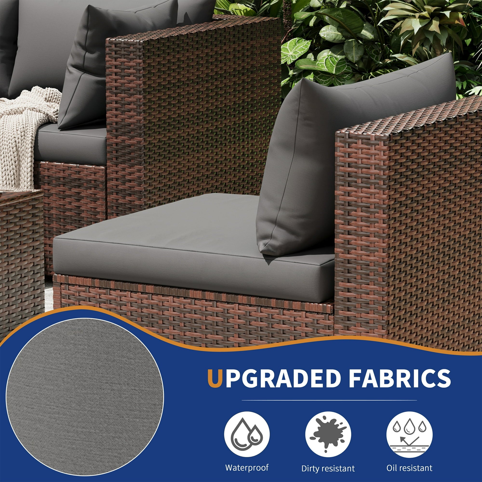 UDPATIO 7-Piece Rattan Outdoor Conversation Set with Glass Coffee Table, Grey