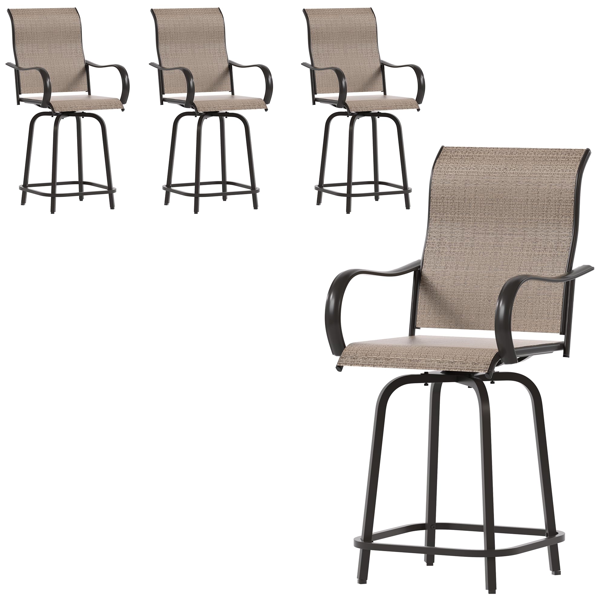 UDPATIO Outdoor Swivel Bar Stools Set of 4,Outdoor High Bistro Stools with Waterproof Textile Fabric,Armrest,Footrest,All Weather Bar Height Patio Chairs for Poolside, Garden, Backyard,Brown