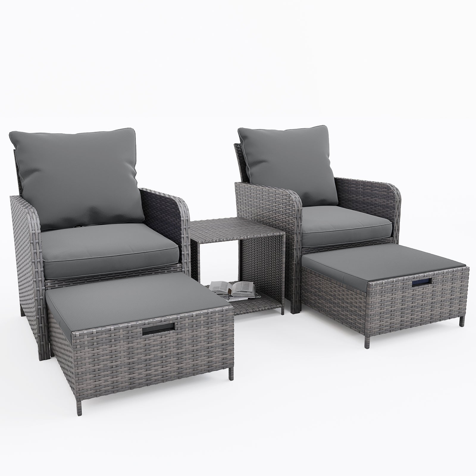 UDPATIO Wicker Patio Chairs with Ottoman Balcony Furniture 5 Pieces Patio Conversation Set with Pull Out Ottoman for Small Space