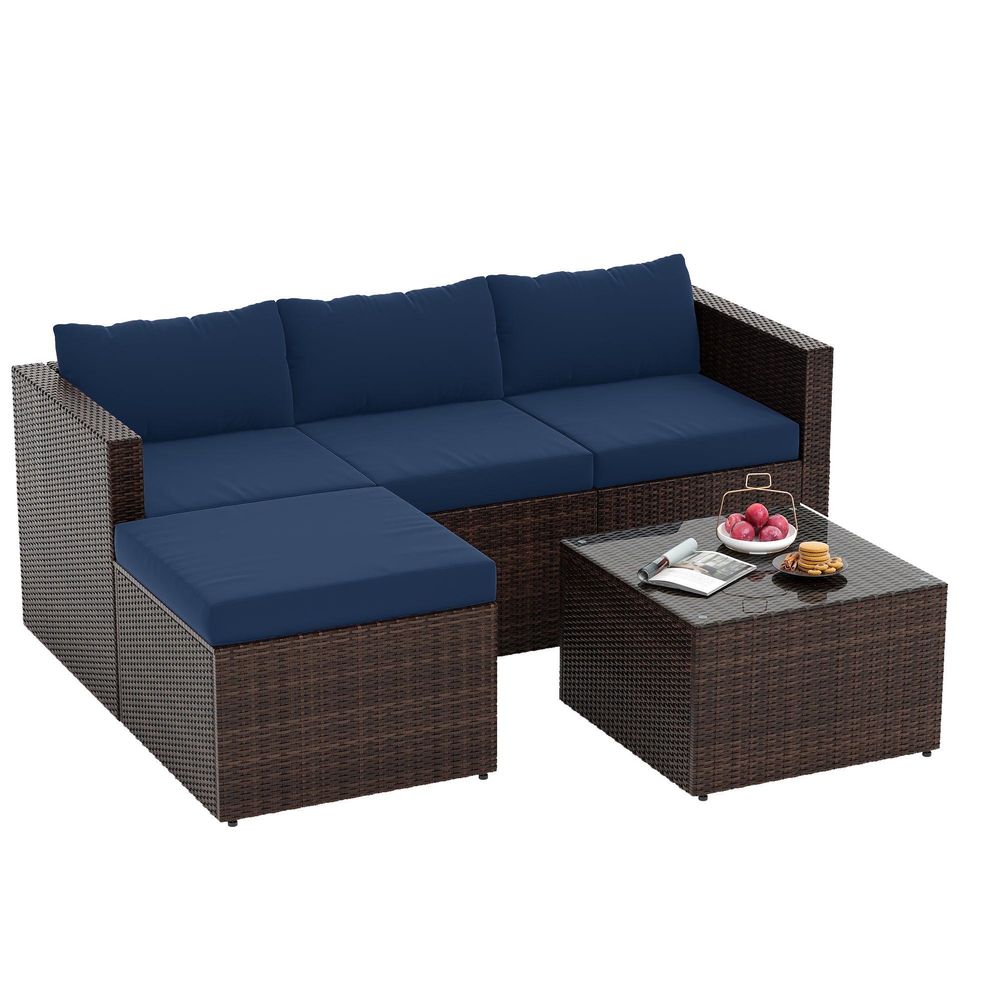 UDPATIO 5 Piece Patio Furniture Set, All-Weather Wicker Outdoor Sectional Sofa,  Rattan L Shaped Outdoor Conversation Patio Sectional with Ottoman, Glass Table for Balcony Porch Backyard,Navy Blue