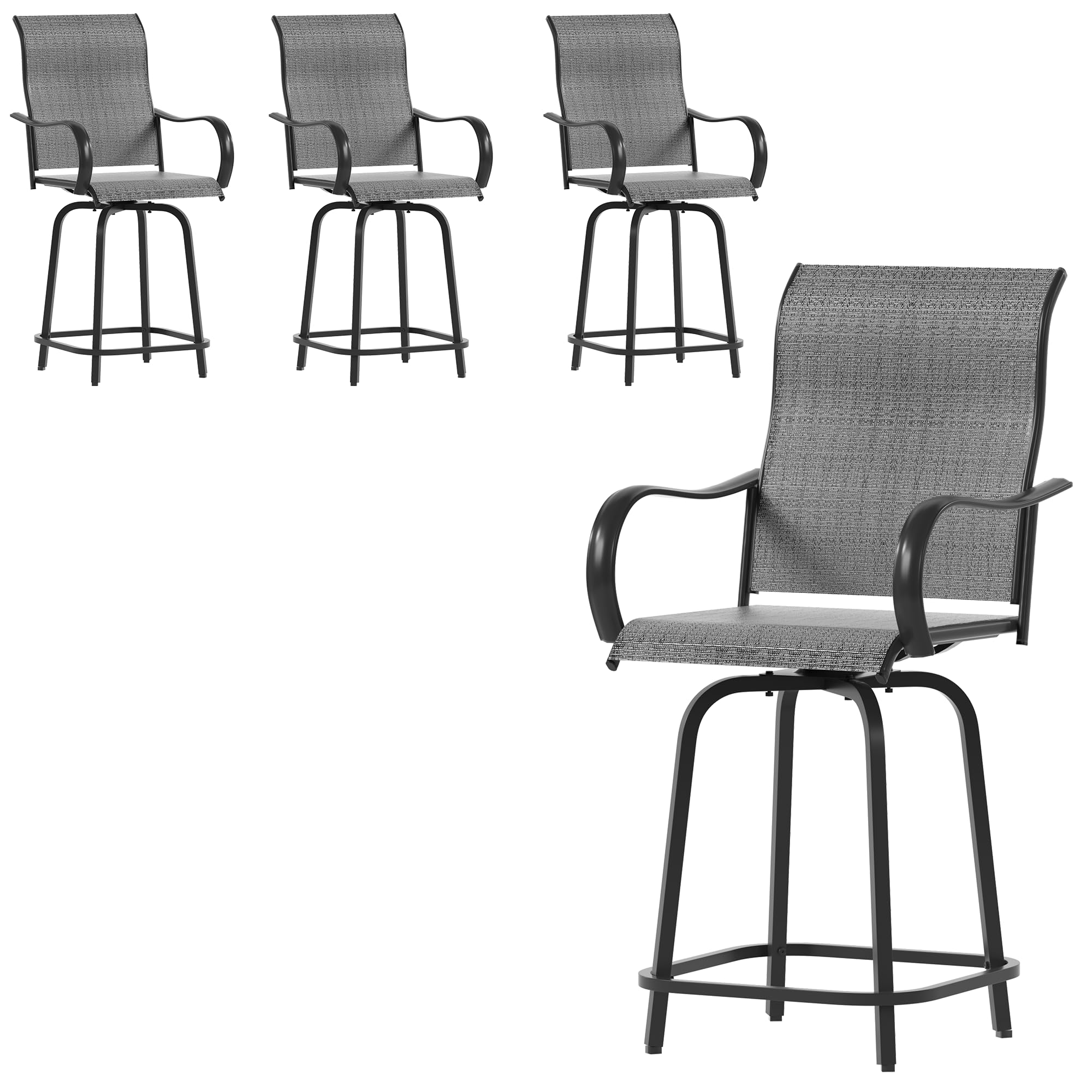UDPATIO Outdoor Swivel Bar Stools Set of 4,Outdoor High Bistro Stools with Waterproof Textile Fabric,Armrest,Footrest,All Weather Bar Height Patio Chairs for Poolside, Garden, Backyard,Dark Grey