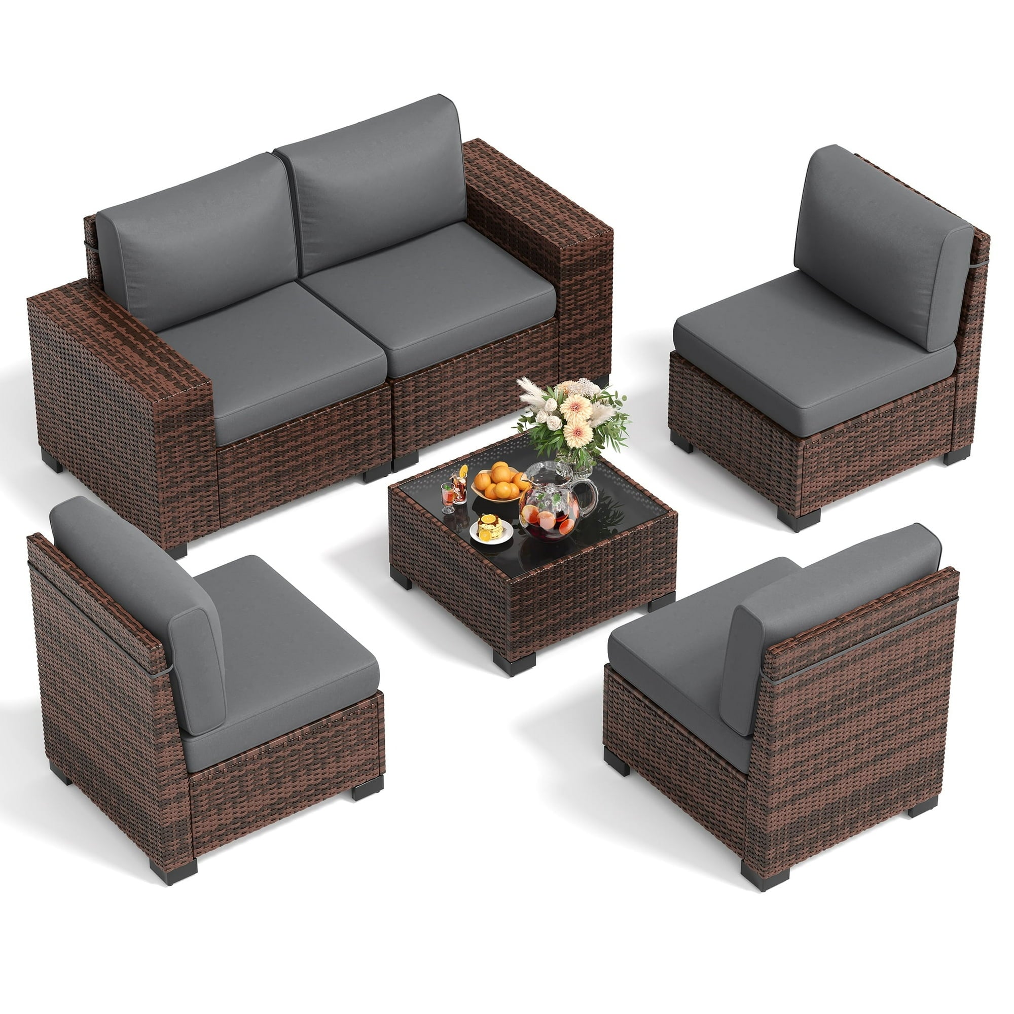 UDPATIO 6-Piece Patio Furniture Set, Outdoor Patio Sofa Set With Wide Armrest, All-Weather Wicker Rattan Guest Set With Cushion And Glass Table And Waterproof Cover, Brown & Dark Grey