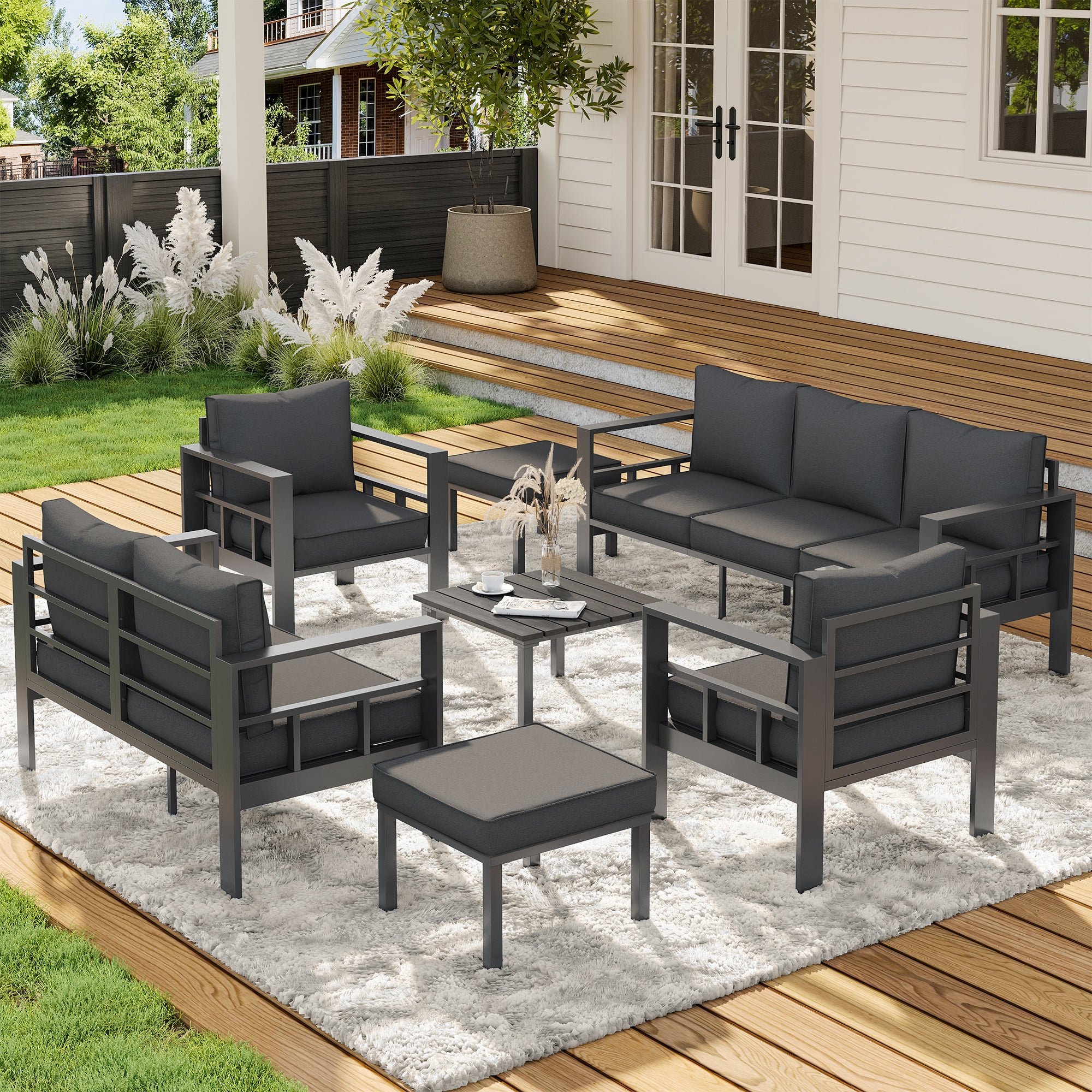 UDPATIO Aluminum Outdoor Furniture Set with 2 Ottomans, 7 Pieces All-Weather & UV-Resistant Patio Sectional Sofa Set for Deck, Backyard, Poolside, Dark Gray