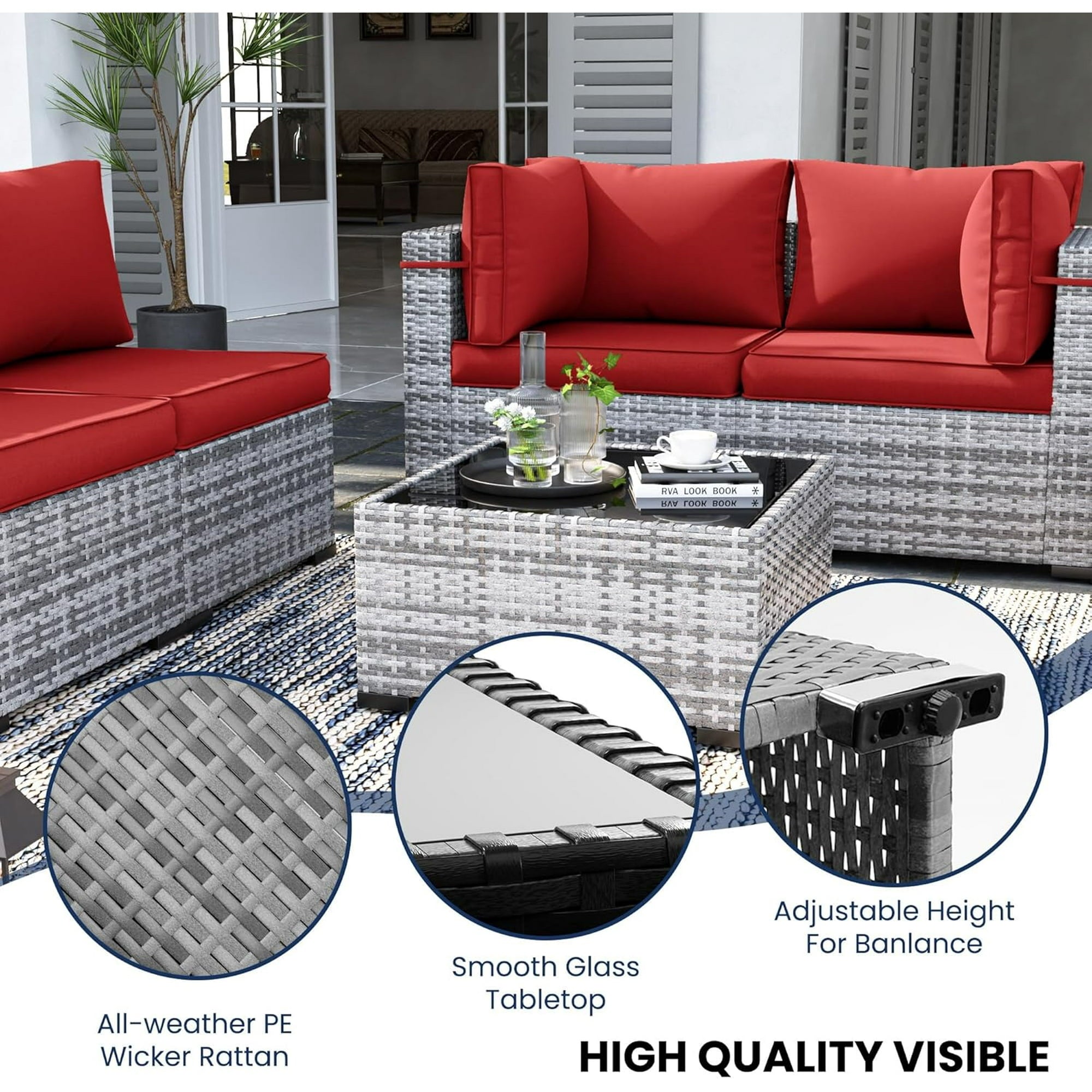 UDPATIO Patio Furniture Sets, Modular Rattan Outdoor Patio Sectional Furniture Sofa Set, Wicker Patio Conversation Set for Backyard, Deck w/Coffee Table, 7PC Grey/Red (Include Sofa Cover)