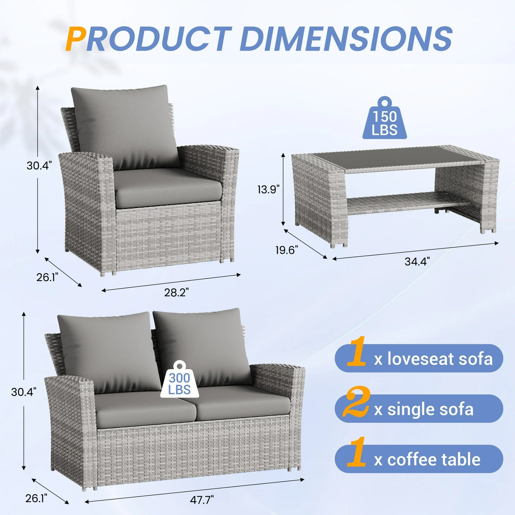 UDPATIO Wicker Patio Furniture Set, 4 Piece Outdoor Sectional Conversation Sets, Gray PE Rattan Patio Sofa Set for Balcony, Porch, Backyard, Grey