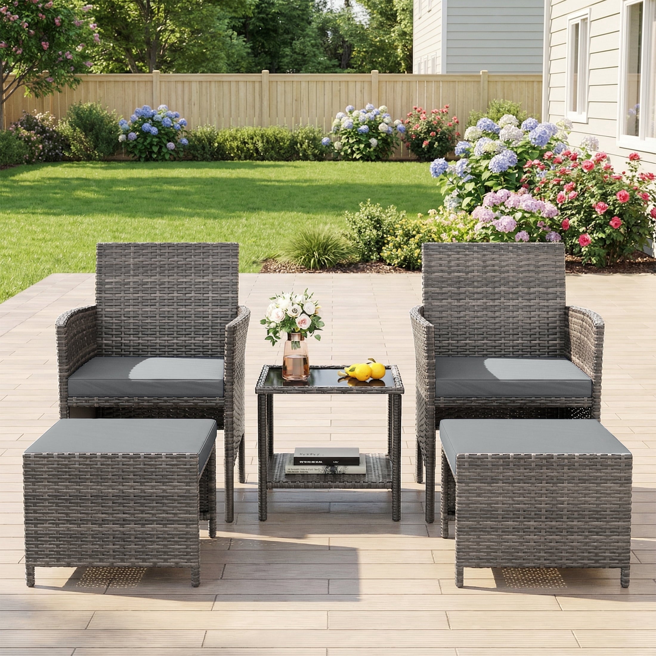 UDPATIO Balcony Furniture 5 Piece Patio Furniture Set, Outdoor Grey Wicker Chairs with Ottoman, Grey