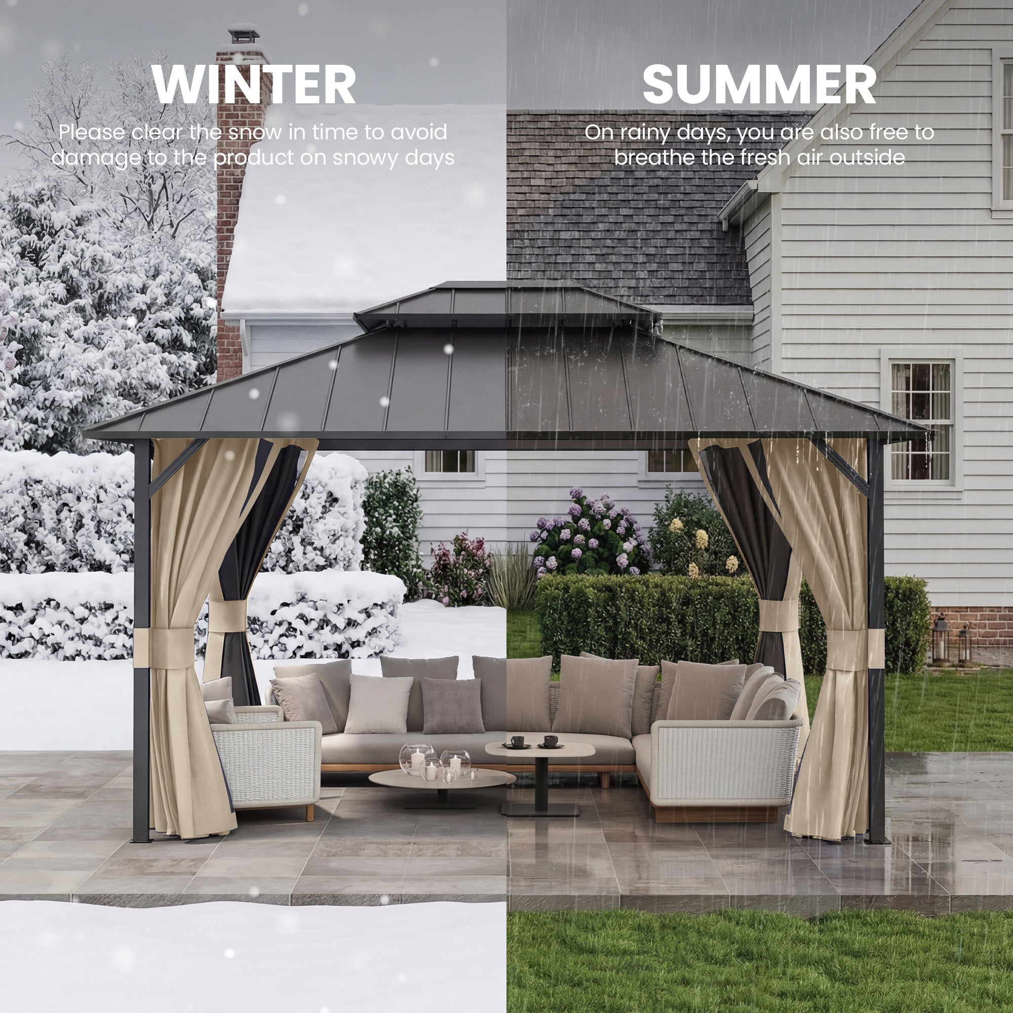 UDPATIO 12'x14' Hardtop Gazebo, Permanent Patio Pavilion with Breathable Netting and Privacy Curtain for Dining Party, Beige