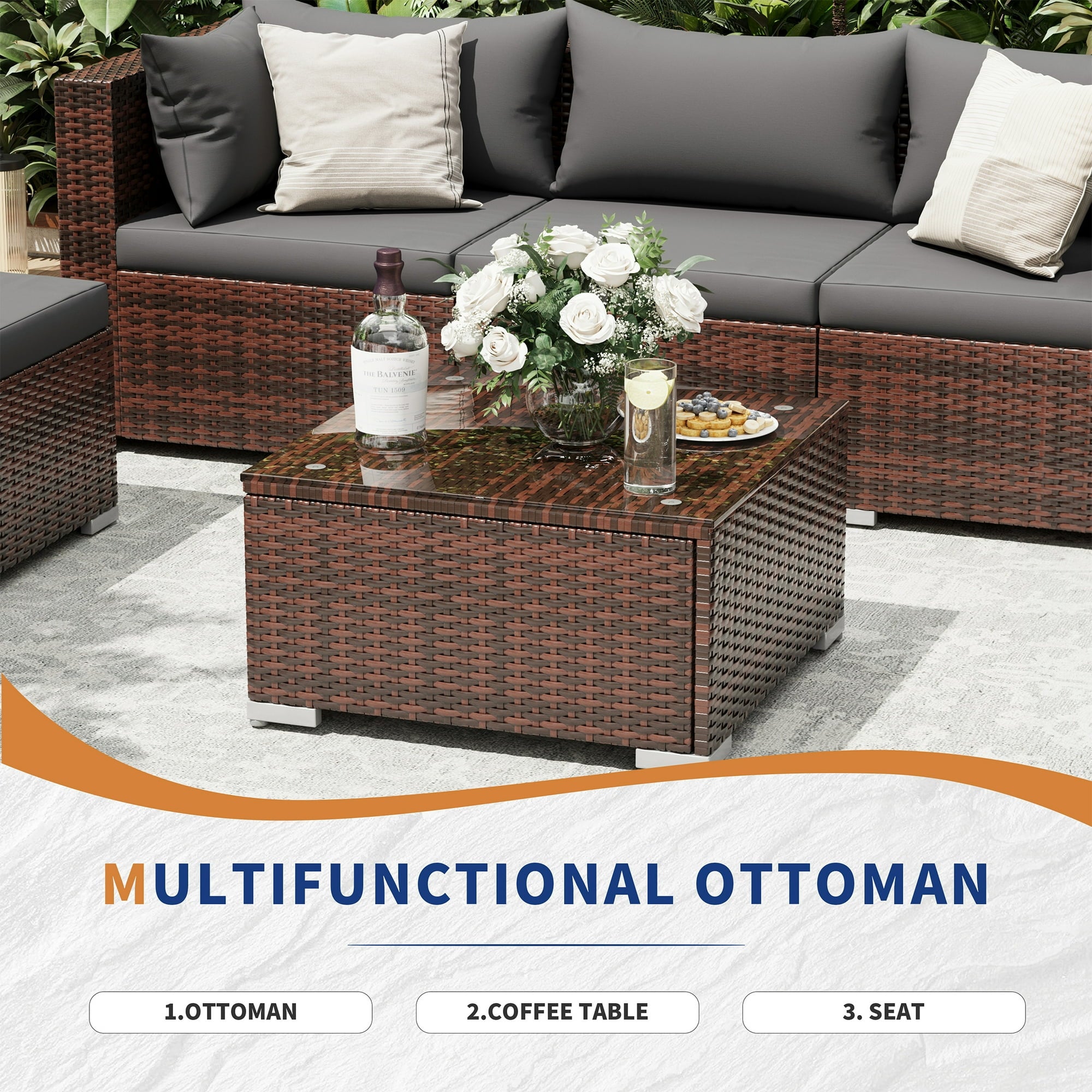 UDPATIO 7-Piece Rattan Outdoor Conversation Set with Glass Coffee Table, Grey
