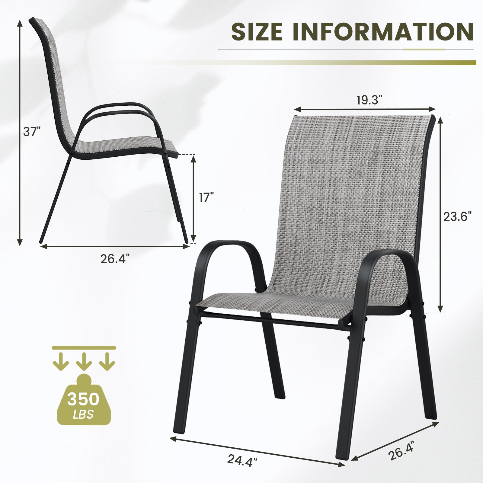 UDPATIO Patio Chairs Set of 4, Stackable Outdoor Dining Chairs with High Back, Breathable Textilene Fabric Outdoor Chair All Weather, 350LBS Capacity for Garden, Backyard (Light Grey)