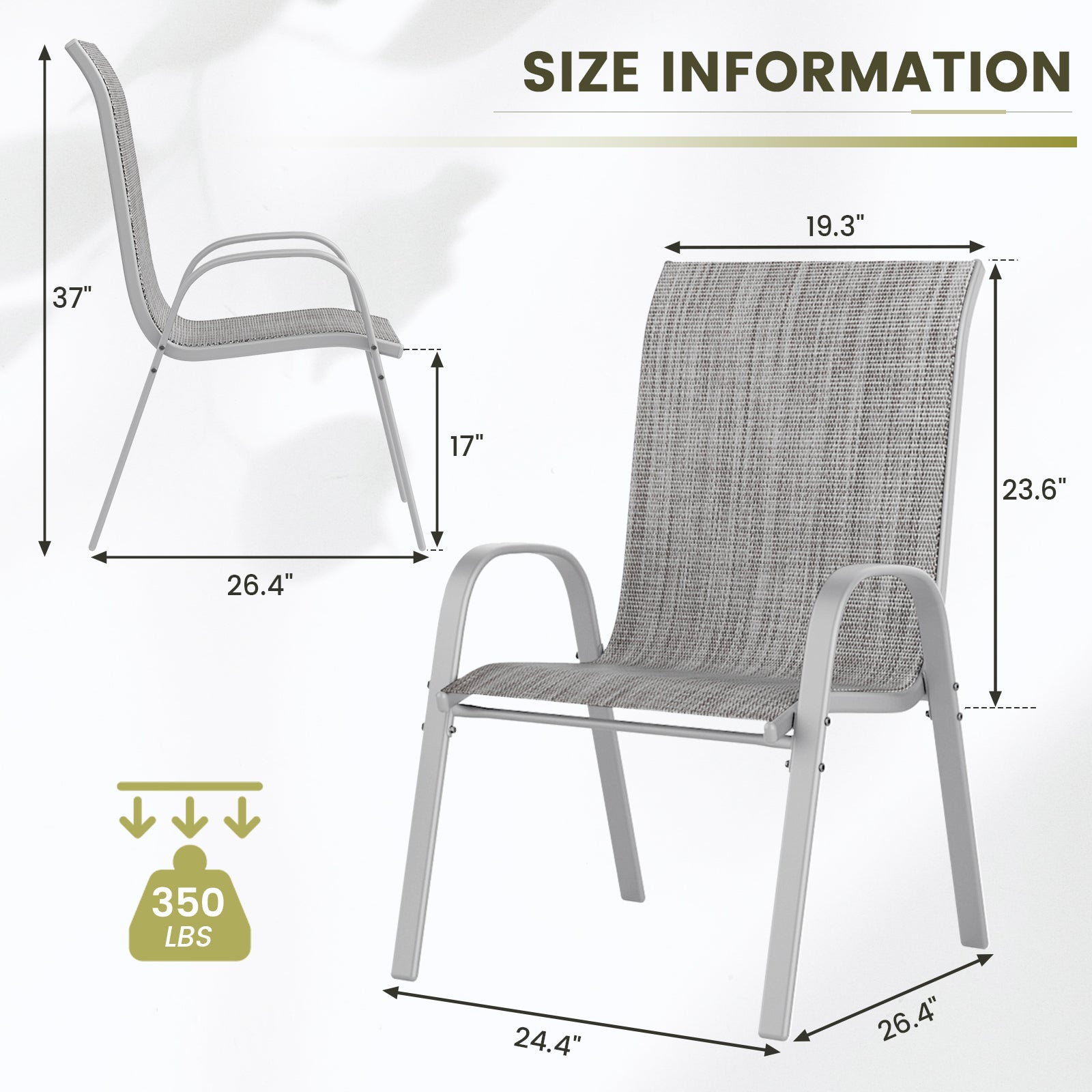 UDPATIO Patio Chairs Set of 6, Stackable Silver Outdoor Dining Chairs with High Back, Breathable Textilene Fabric Outdoor Chair All Weather, 350LBS Capacity for Garden, Backyard (Light Grey)