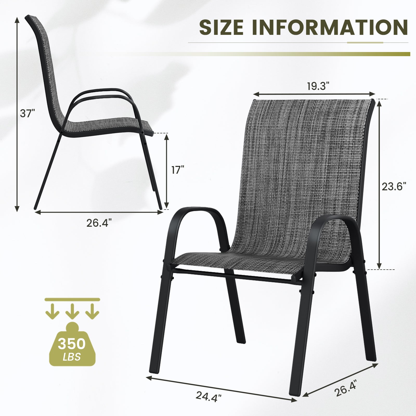 UDPATIO Patio Chairs Set of 4, Stackable Outdoor Dining Chairs with High Back, Textilene Fabric Breathable Outdoor Chair All Weather, 350LBS Capacity for Garden, Backyard (Dark Grey)