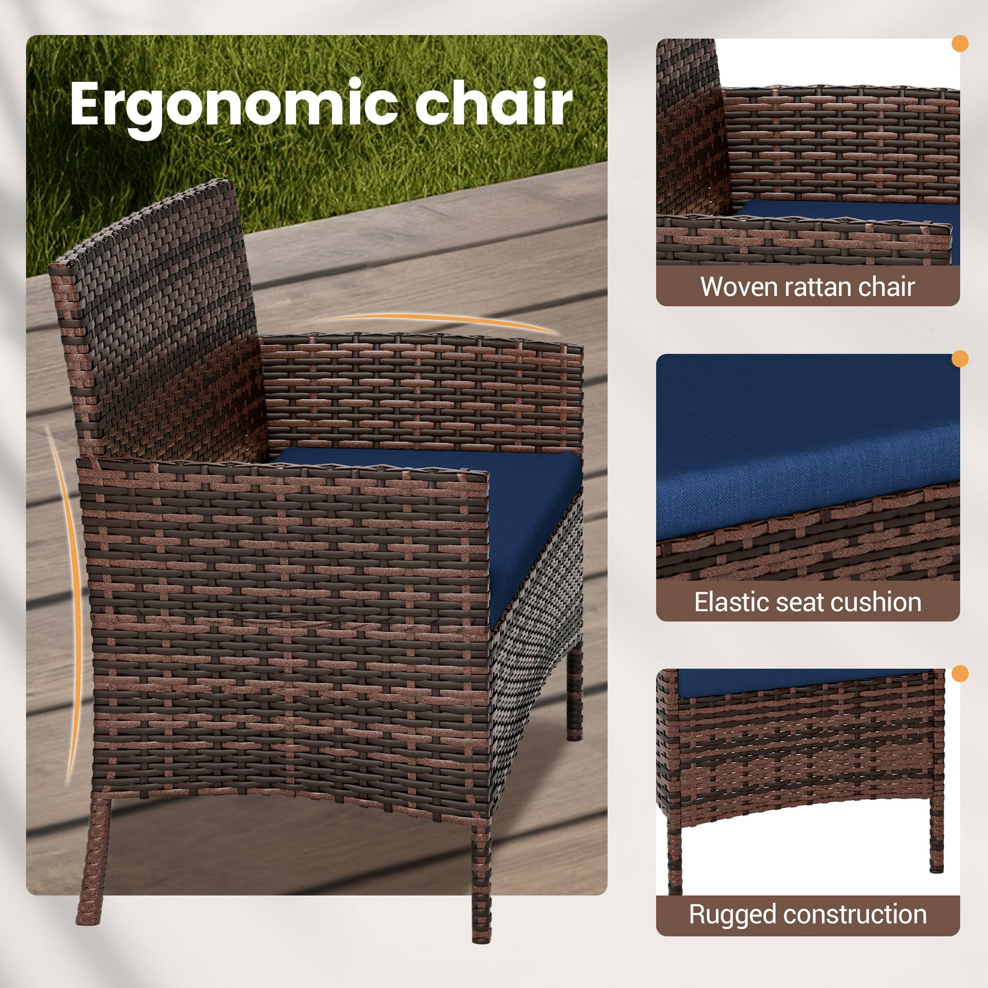 UDPATIO 4 Pieces Outdoor Patio Furniture,Sectional Conversation Sets,Brown PE Rattan Patio Chairs with Table and Loveseat for Balcony, Porch, Backyard,（Navy Blue Cushion）