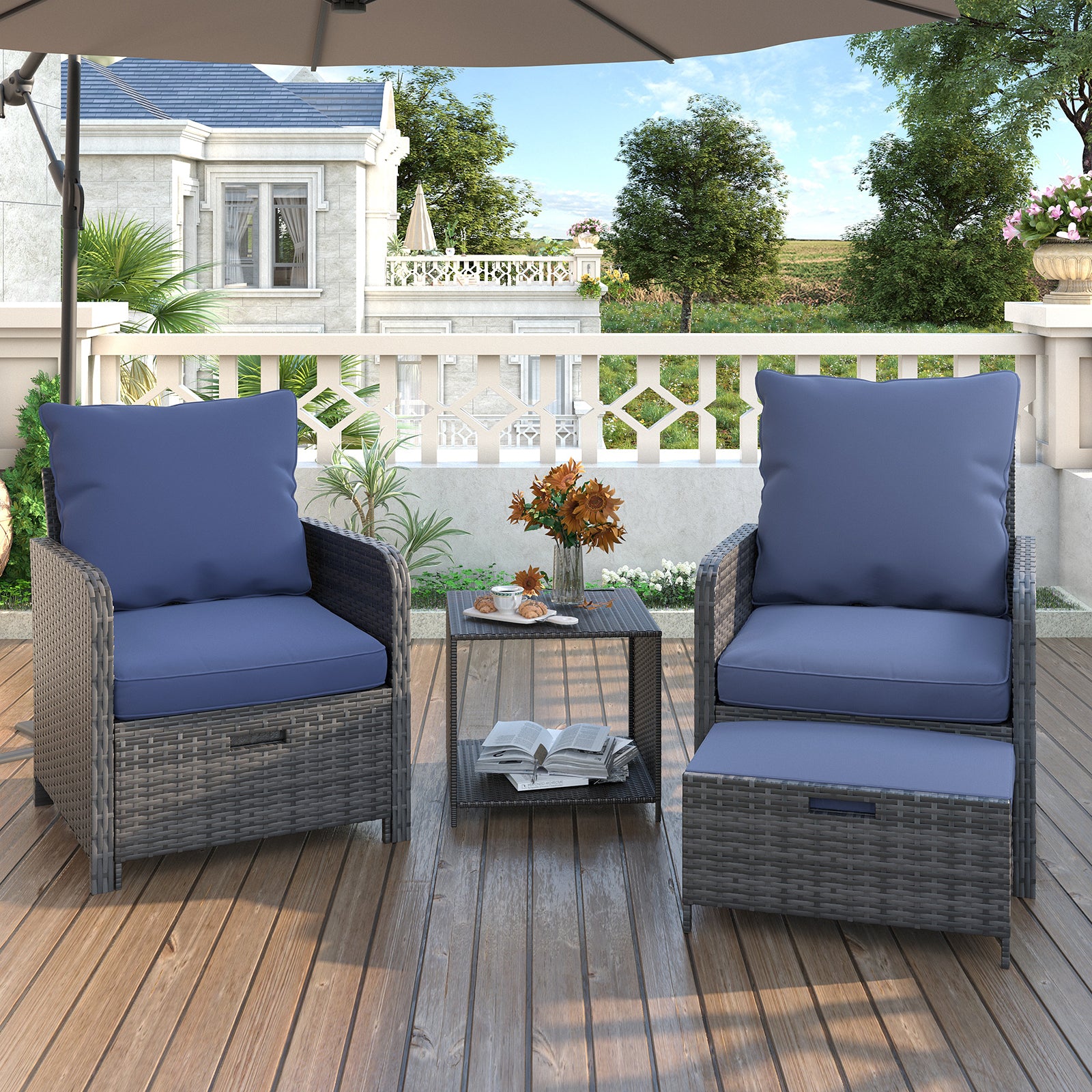 UDPATIO Wicker Patio Chairs with Ottoman Balcony Furniture 5 Pieces Patio Conversation Set with Pull Out Ottoman for Small Space