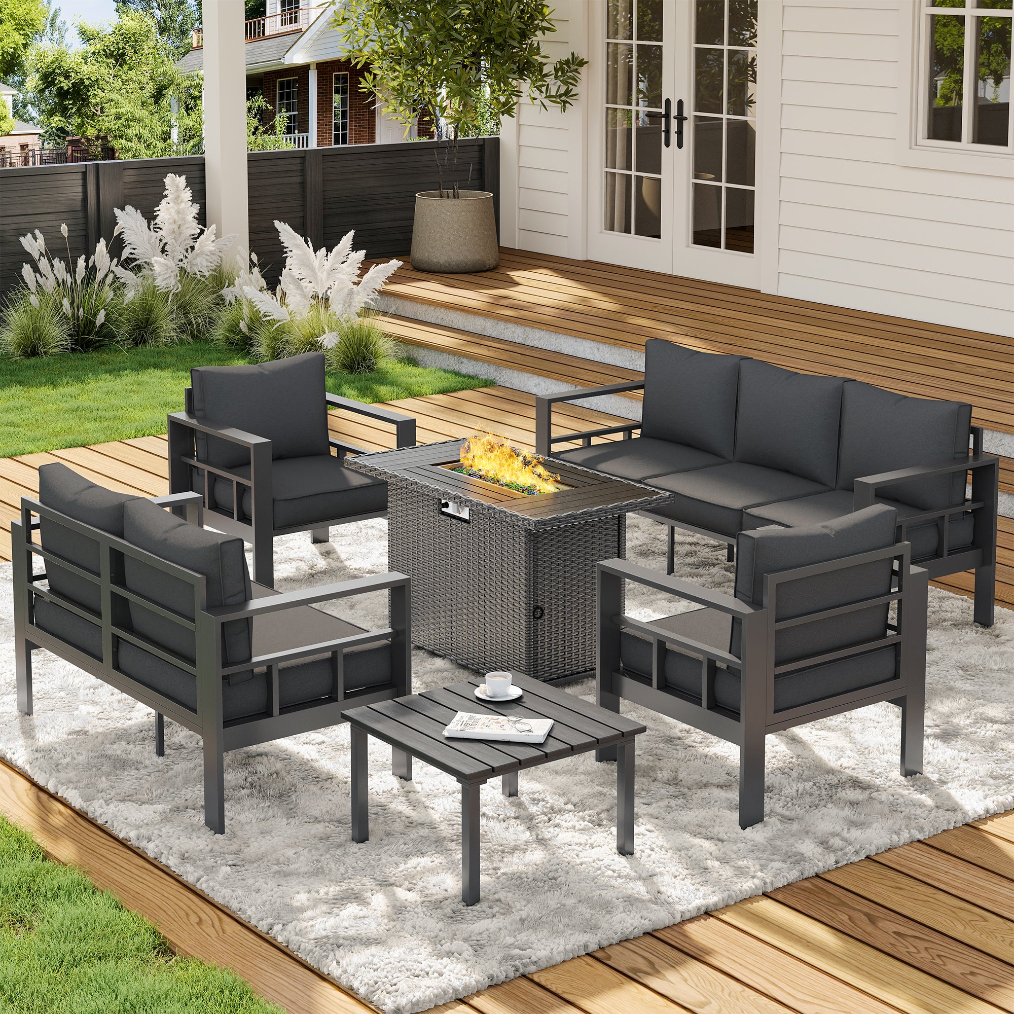 UDPATIO Aluminum Outdoor Furniture Set with Fire Pit Table, 6 Pieces All-Weather & UV-Resistant Patio Sectional Sofa Set for Deck, Backyard, Poolside, Dark Gray