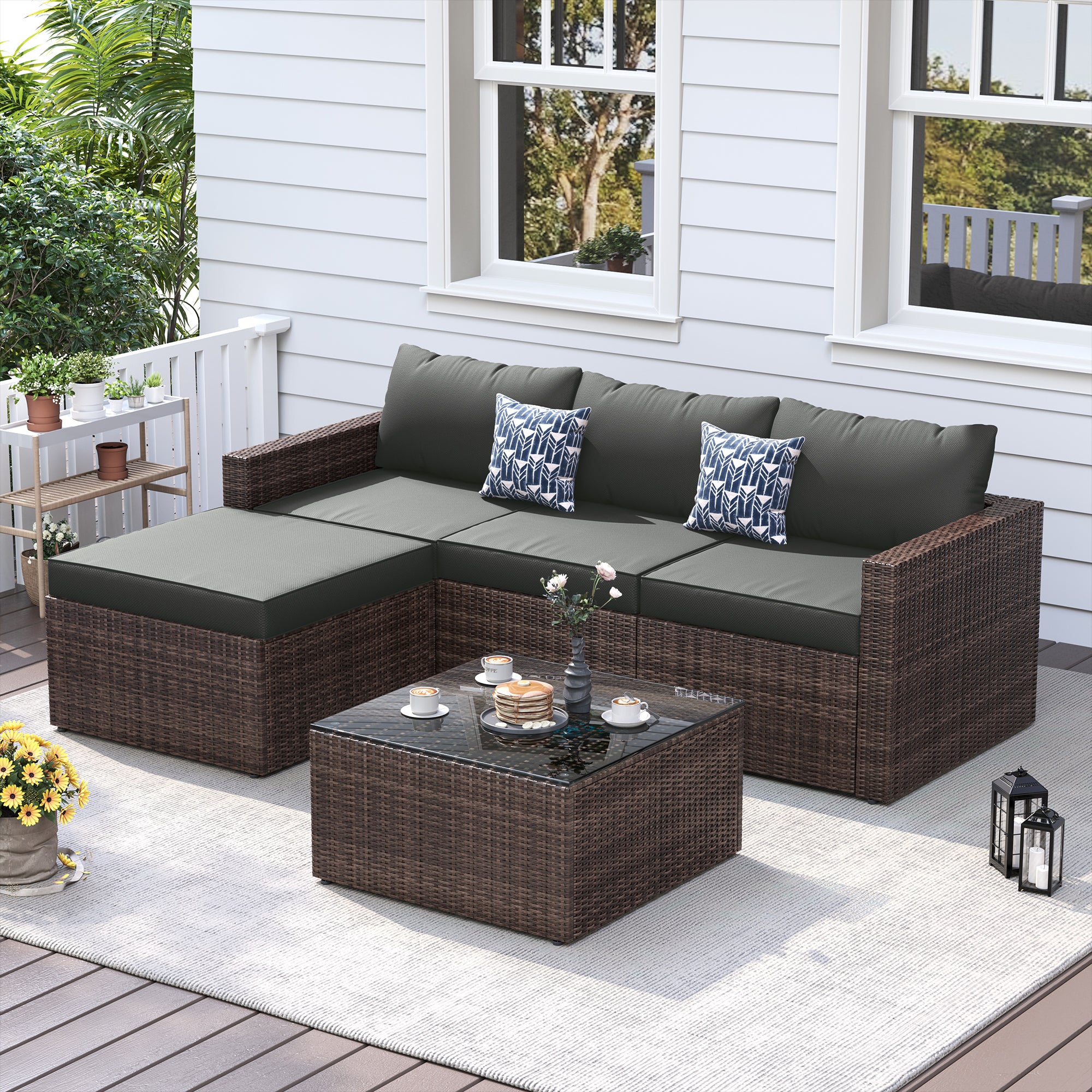 UDPATIO 5 Piece Patio Furniture Set, All-Weather Wicker Outdoor Sectional Sofa,  Rattan L Shaped Outdoor Conversation Patio Sectional with Ottoman, Glass Table for Balcony Porch Backyard,Grey
