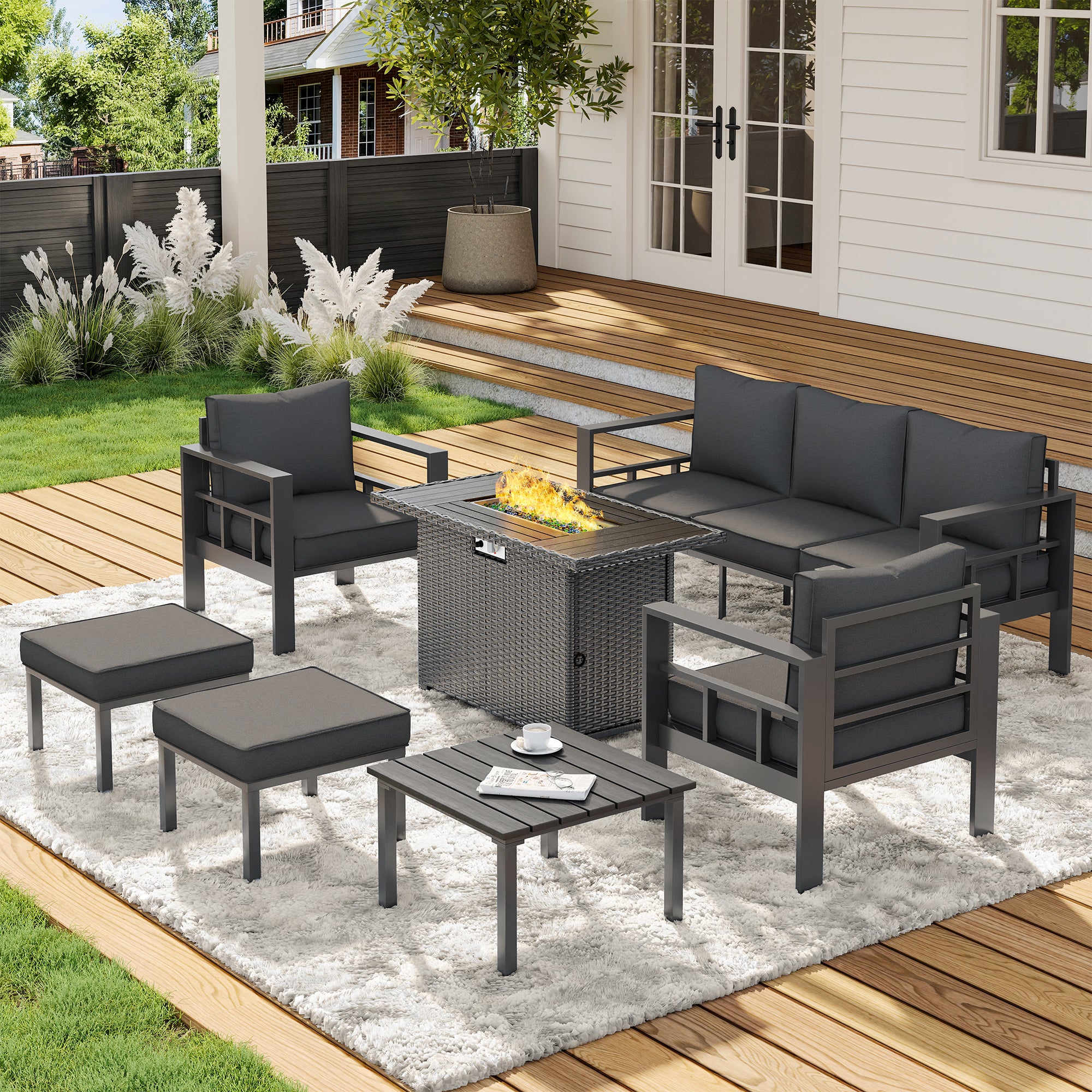 UDPATIO Aluminum Outdoor Furniture Set with 2 Ottomans and Fire Pit Table, 7 Pieces All-Weather & UV-Resistant Patio Sectional Sofa Set for Deck, Backyard, Poolside, Dark Gray