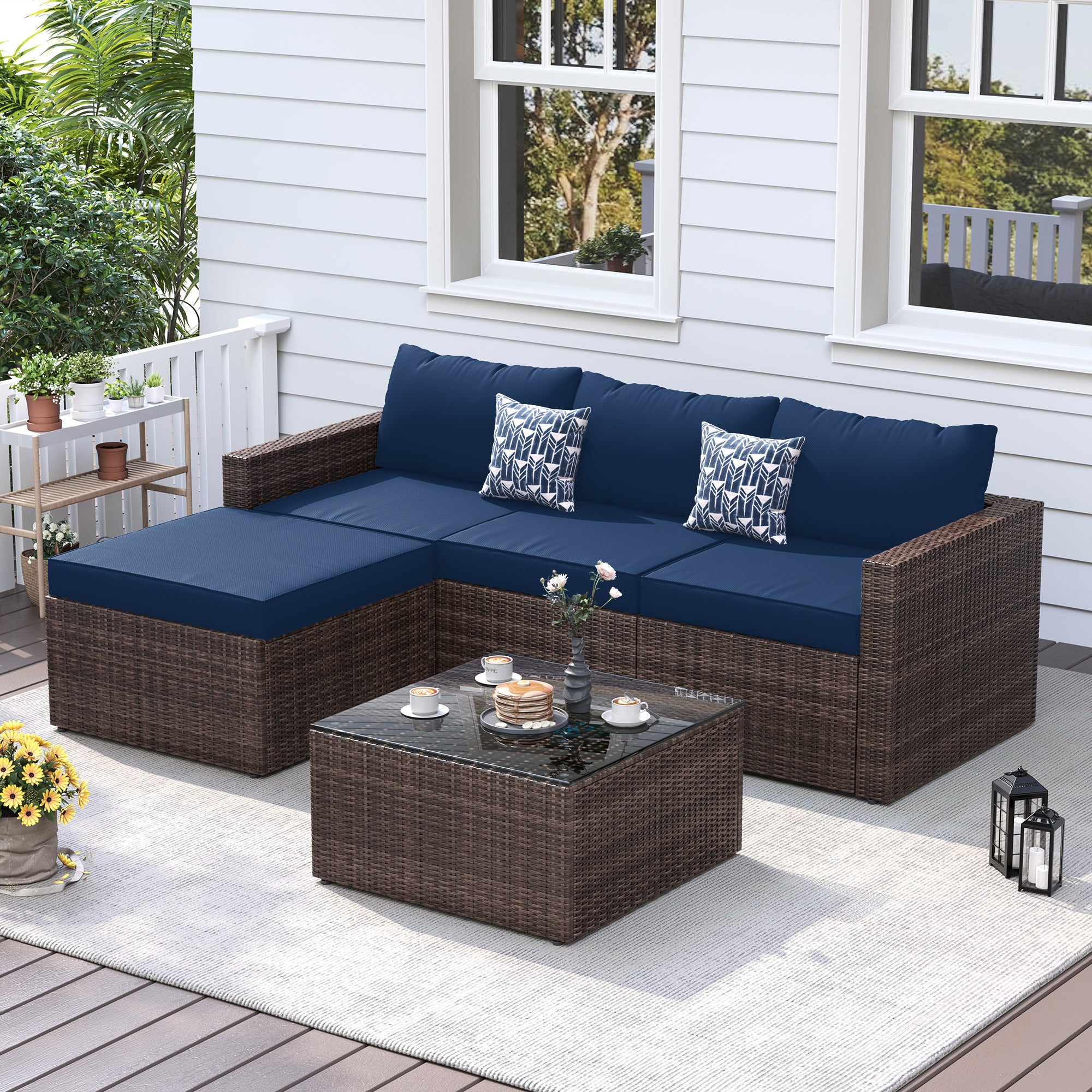 UDPATIO 5 Piece Patio Furniture Set, All-Weather Wicker Outdoor Sectional Sofa,  Rattan L Shaped Outdoor Conversation Patio Sectional with Ottoman, Glass Table for Balcony Porch Backyard,Navy Blue