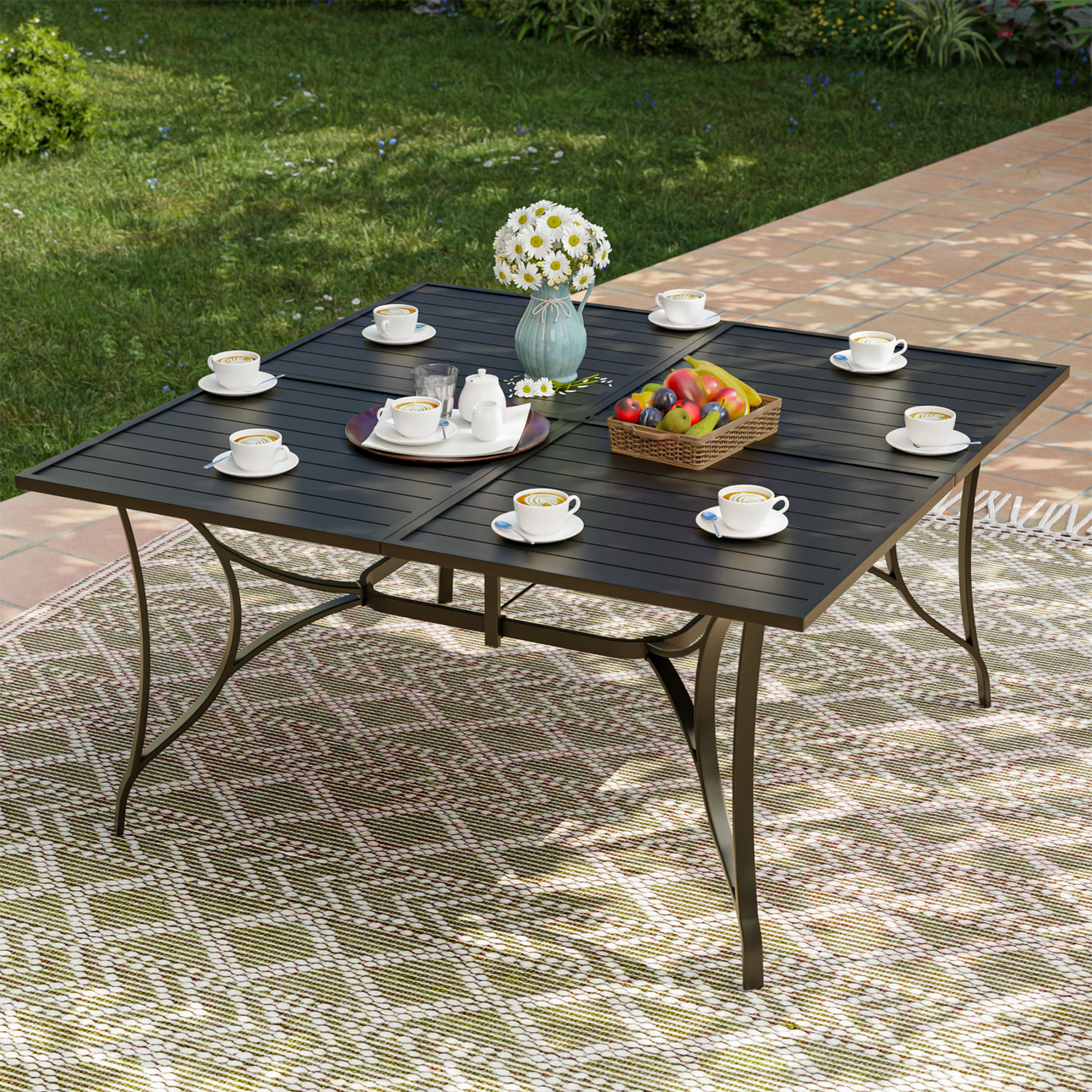 UDPATIO Square Outdoor Dining Table for 8, Outdoor Furniture Garden Table with Umbrella Hole, Black